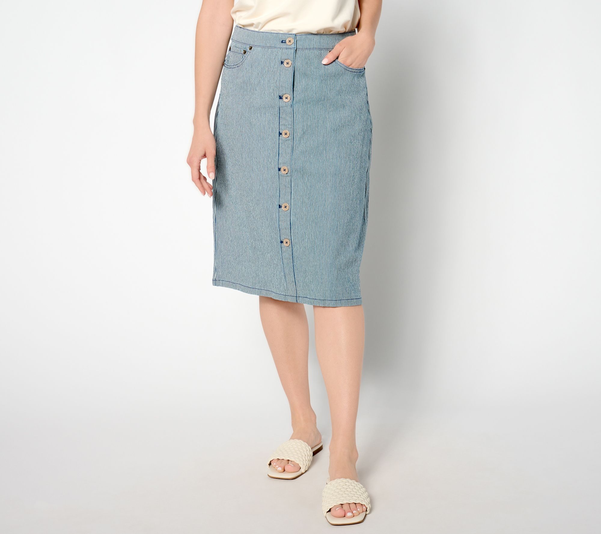 Denim Co. Petite Button Front Striped Denim Midi Skirt