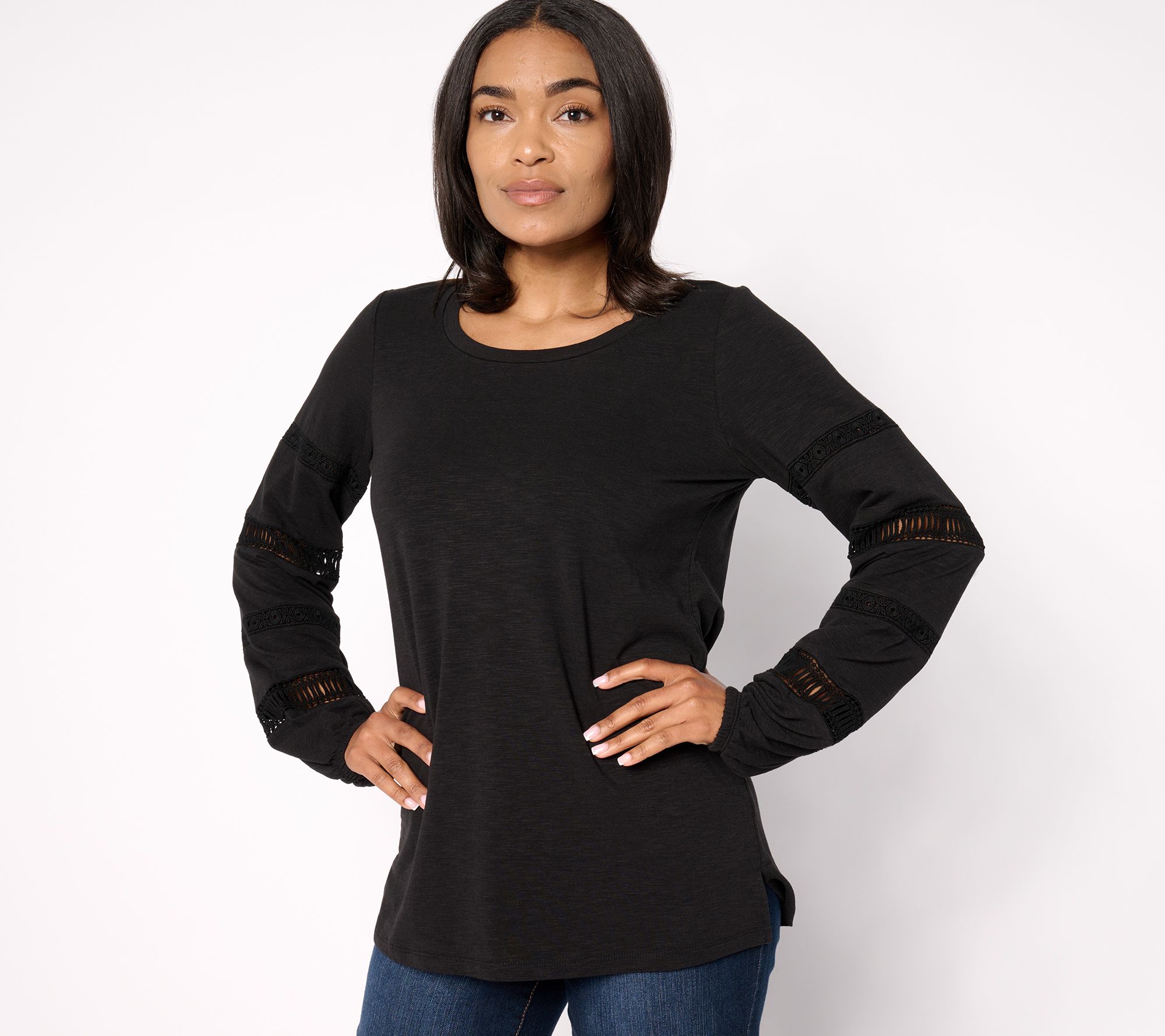 Belle Boho by Kim Gravel Slub Knit Top with Lace Trim Sleeves