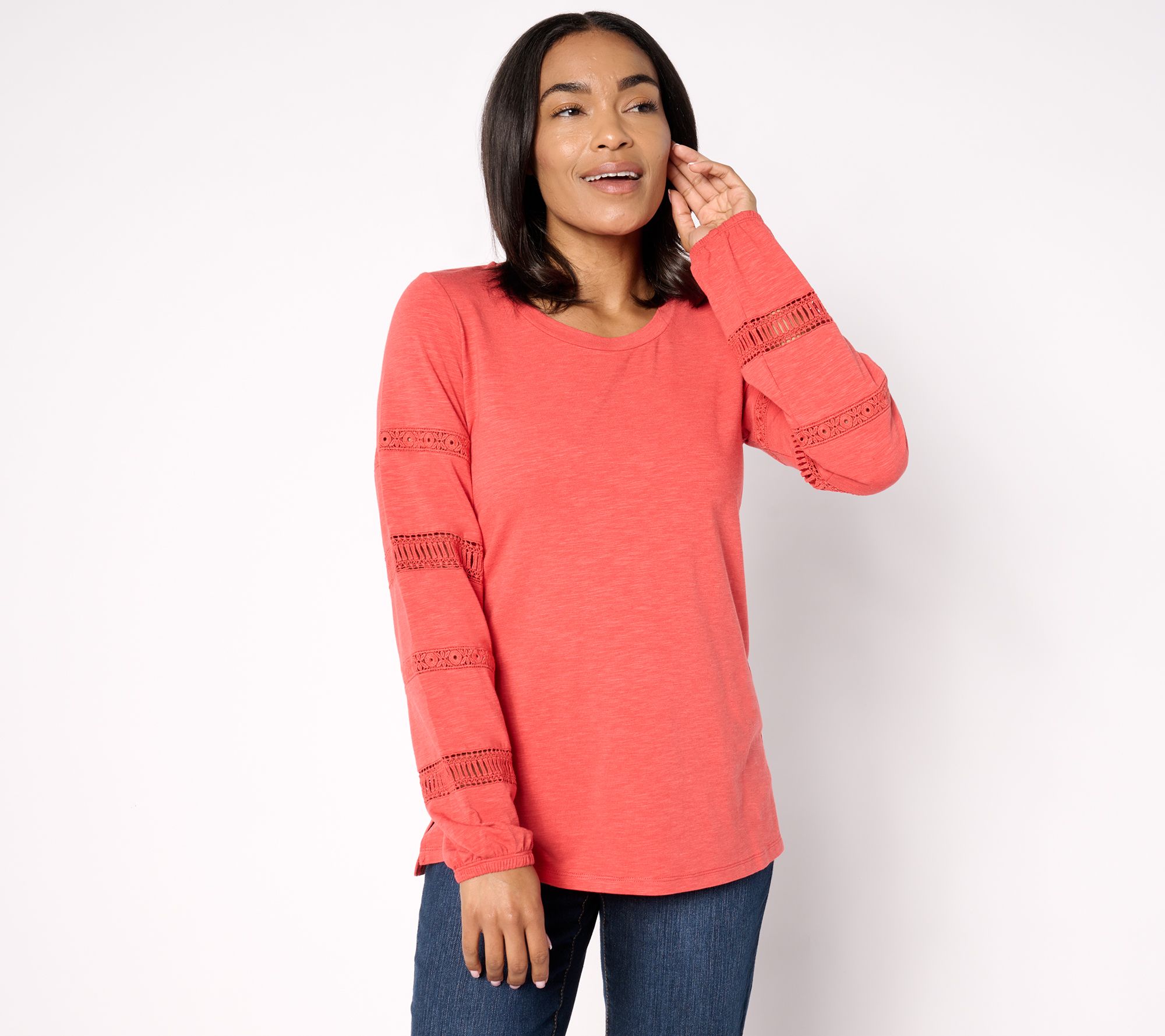 Belle Boho by Kim Gravel Slub Knit Top with Lace Trim Sleeves