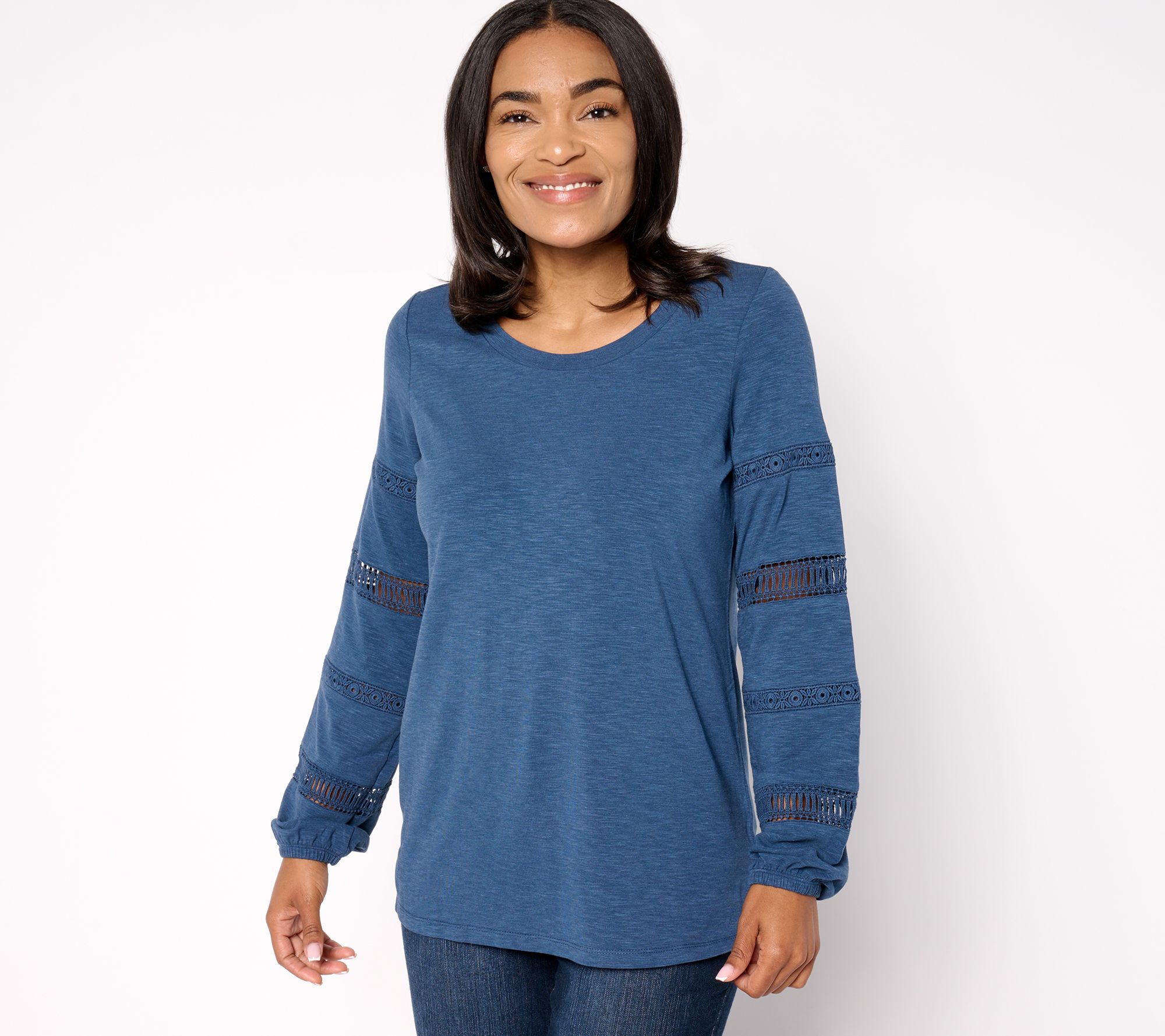 Belle Boho by Kim Gravel Slub Knit Top with Lace Trim Sleeves