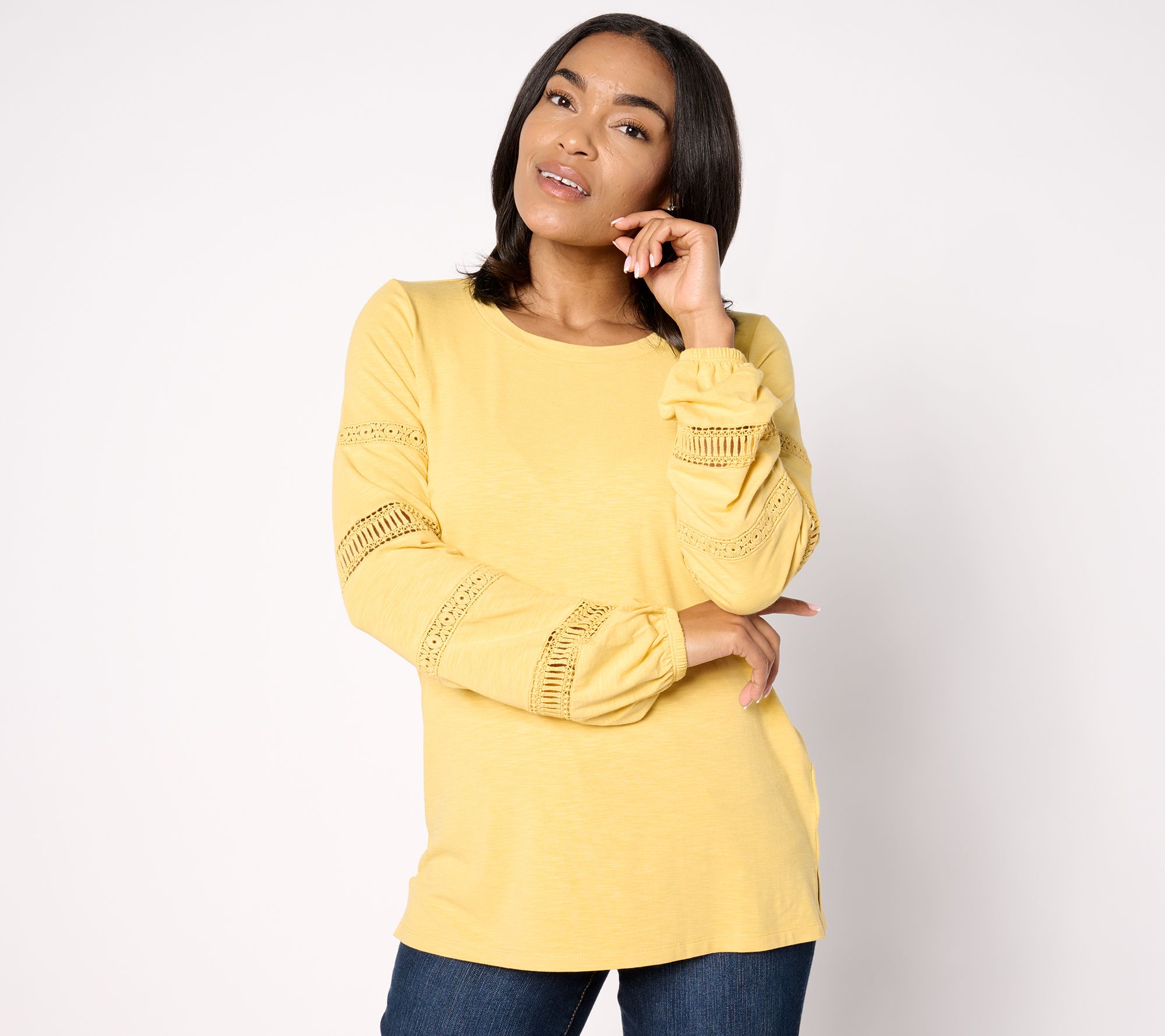 Belle Boho by Kim Gravel Slub Knit Top with Lace Trim Sleeves