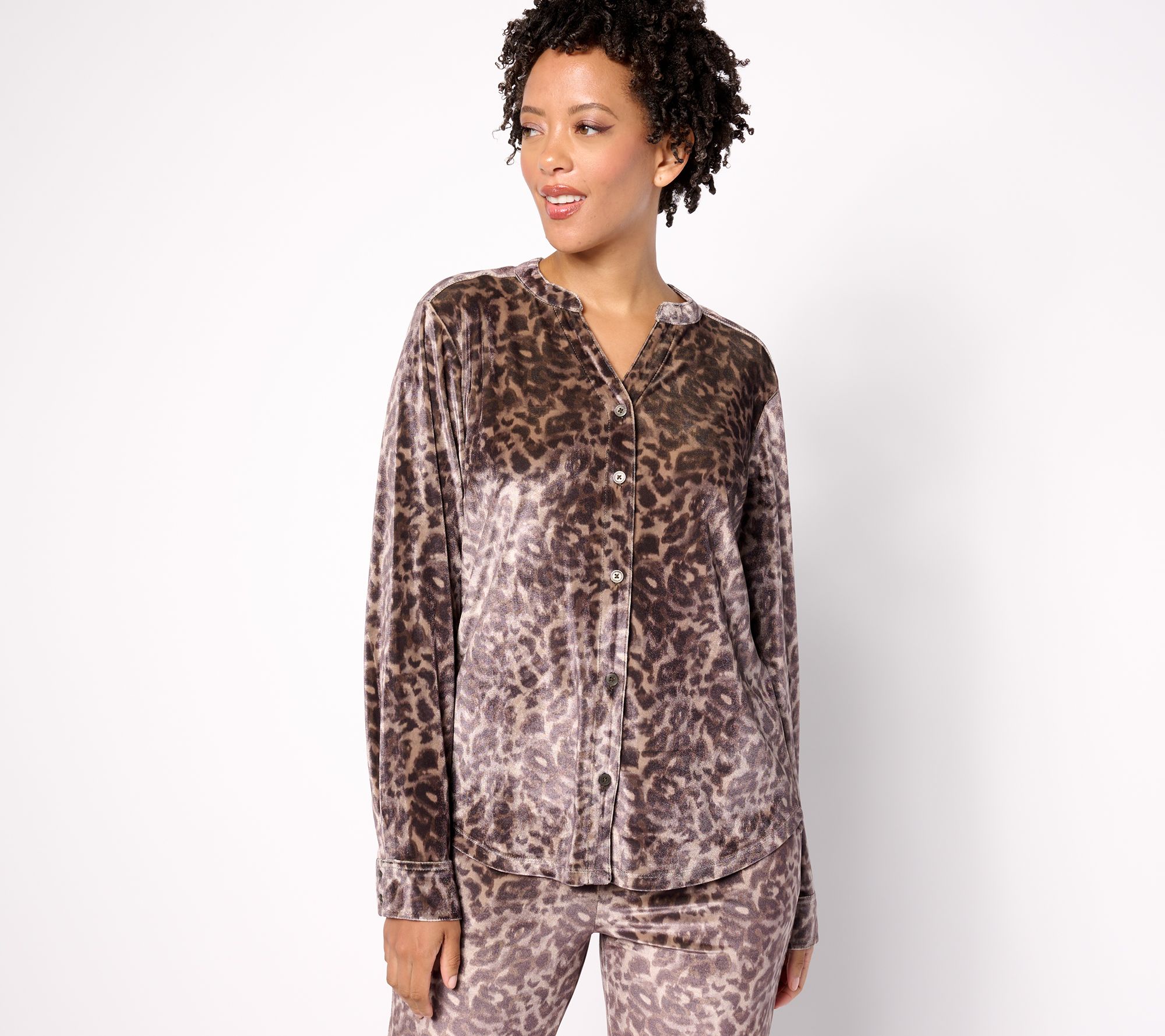 "As Is" Isaac Mizrahi Live! Printed Stretch Velvet Button Front Top