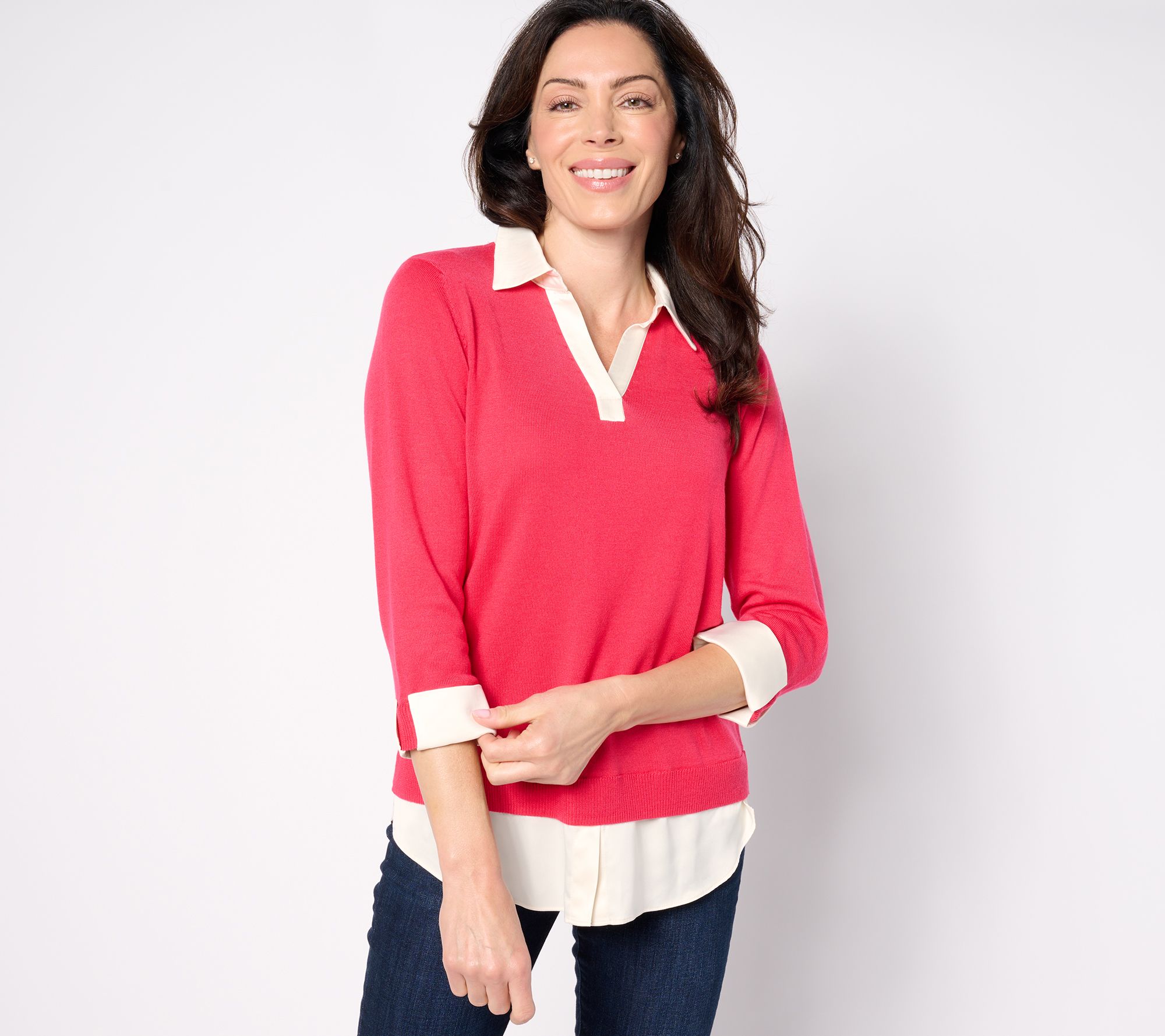 "As Is" Isaac Mizrahi Live! Petite Split Neck Twofer Sweater