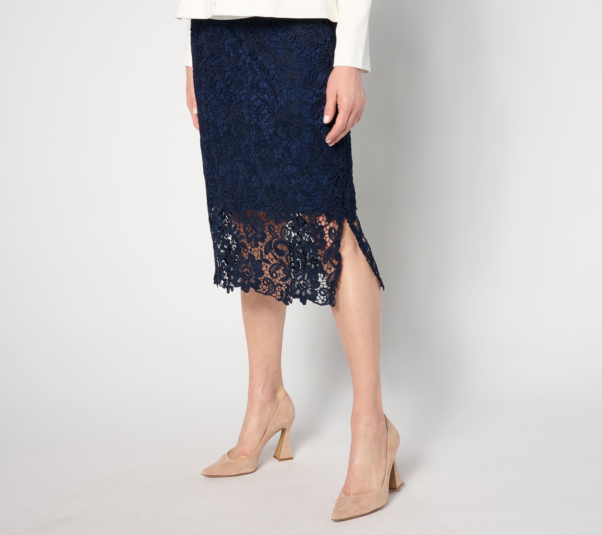"As Is" Susan Graver Reg Occasions Lace Side Zip Lined Midi Skirt