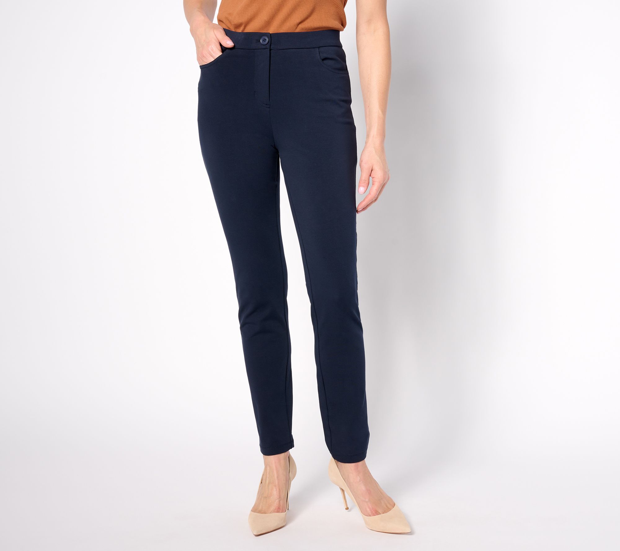 As Is Susan Graver Petite Weekend Premium Stretch Slim- Leg Pants