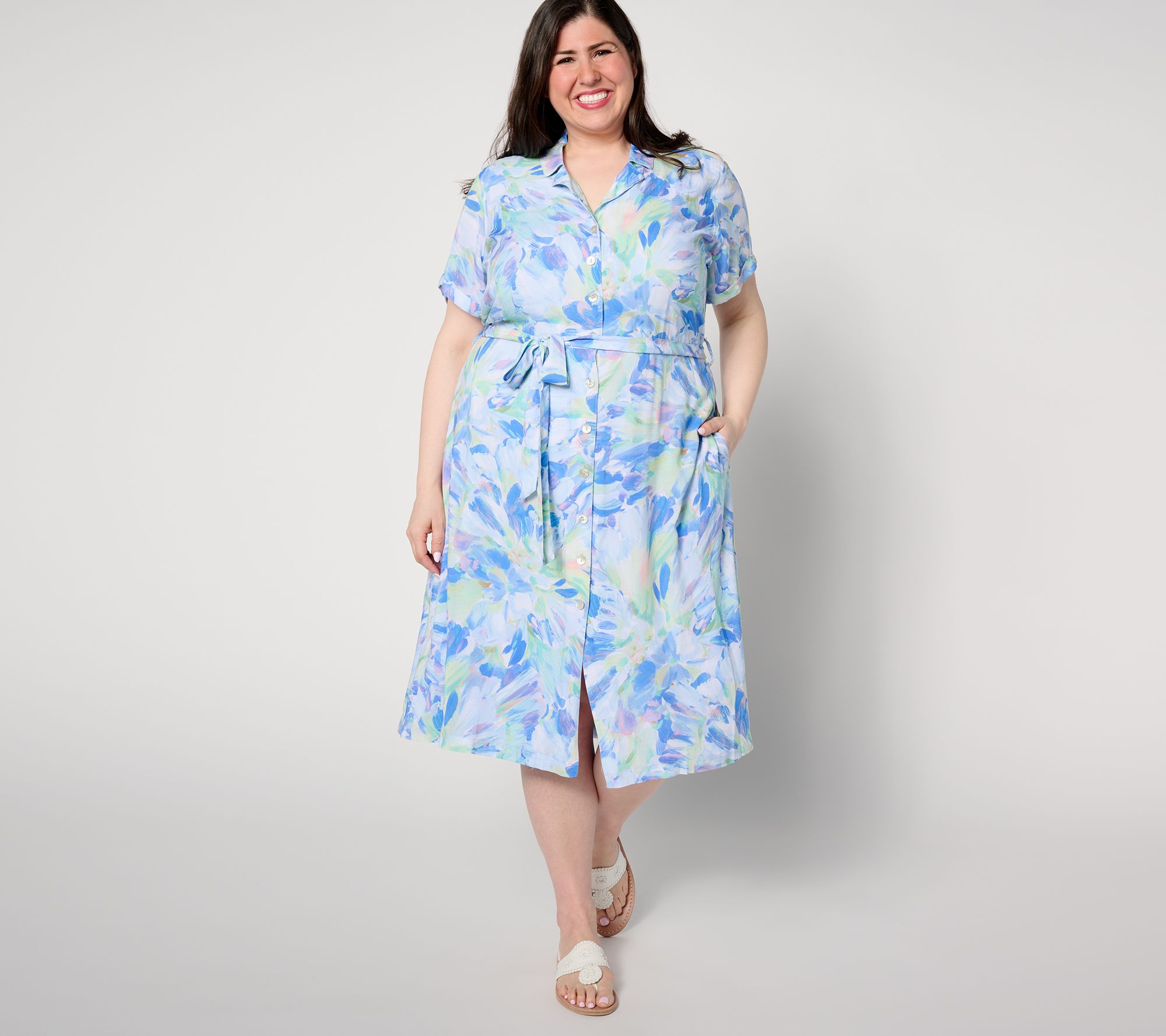 "As Is" Side Stitch Short Sleeve Button Front Midi Dress-AquaBloom
