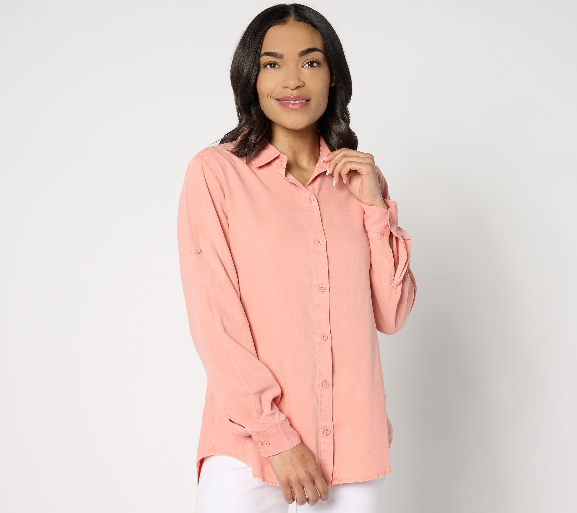 "As Is" Side Stitch Button- Down Roll-Tab Tunic