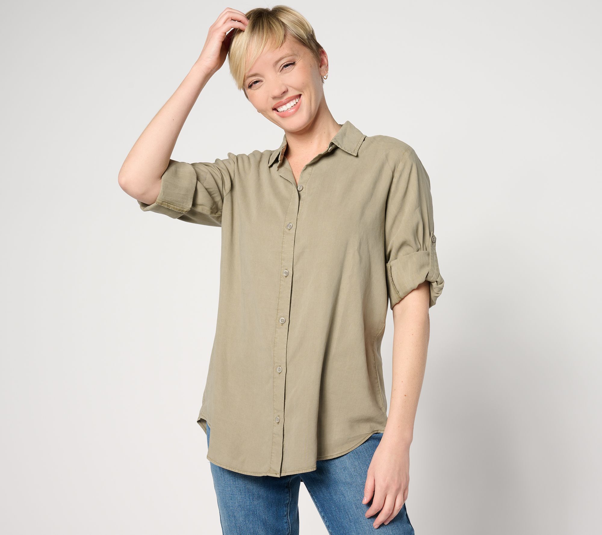 "As Is" Side Stitch Button- Down Roll-Tab Tunic