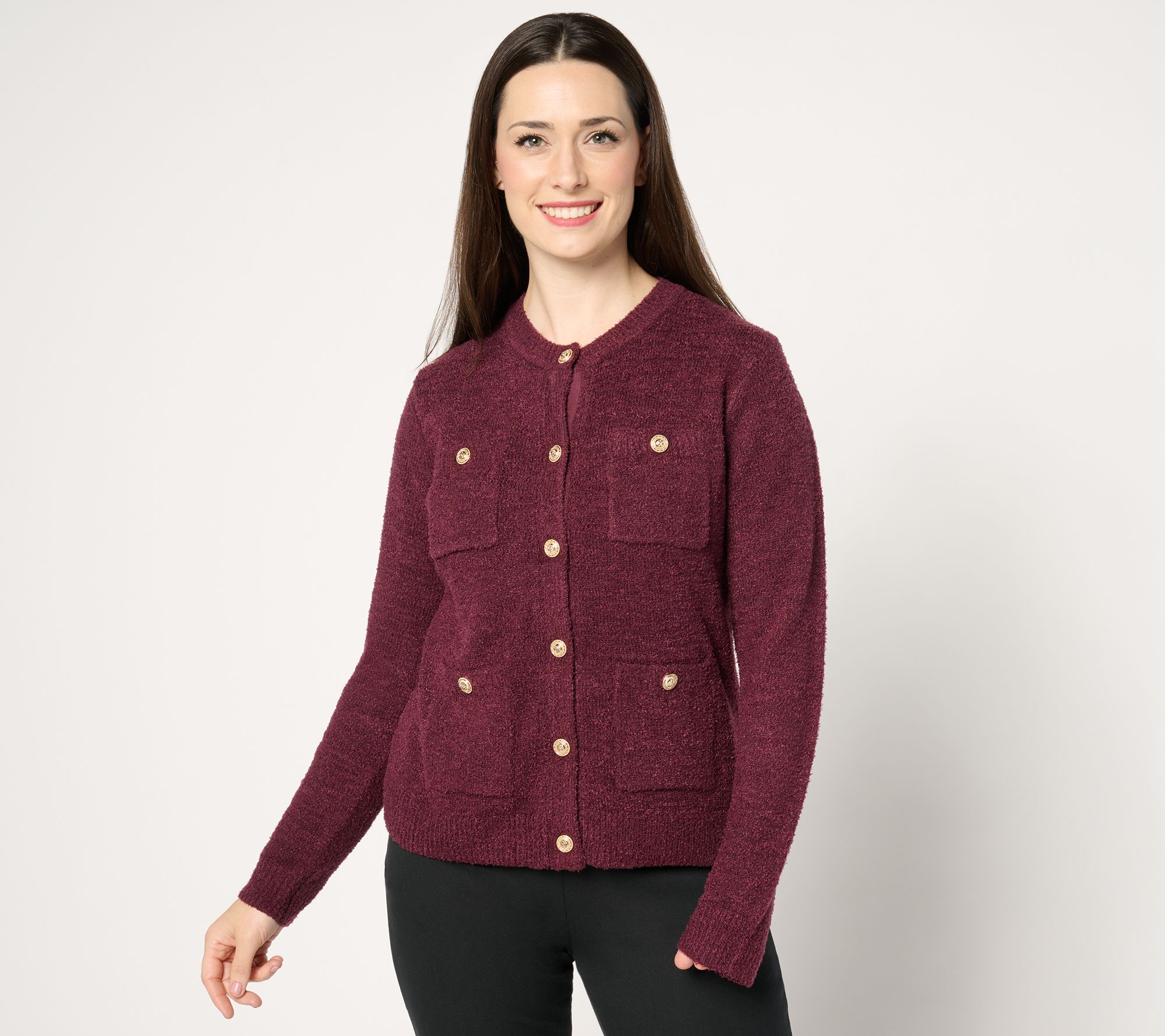 Isaac Mizrahi Live Estate Eyelash Yarn 4 Pocket Cardigan QVC