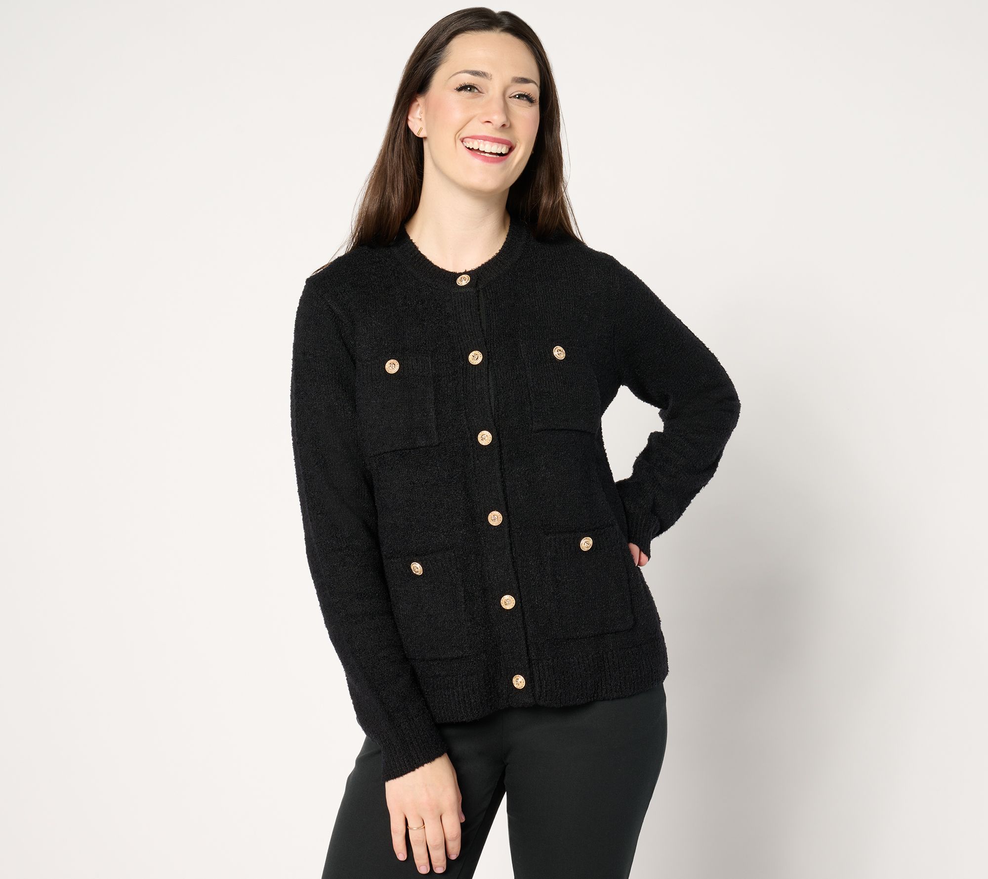 Isaac Mizrahi Live! Estate Eyelash Yarn 4 Pocket Cardigan