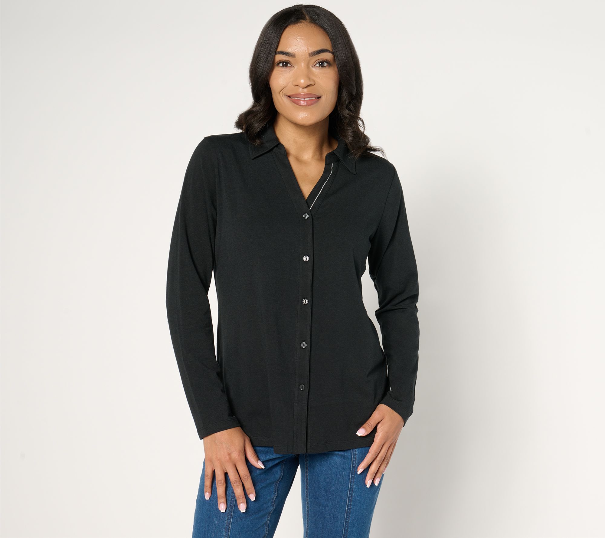 Denim & Co. Essentials So Soft Jersey Lurex Detail Button Up Top