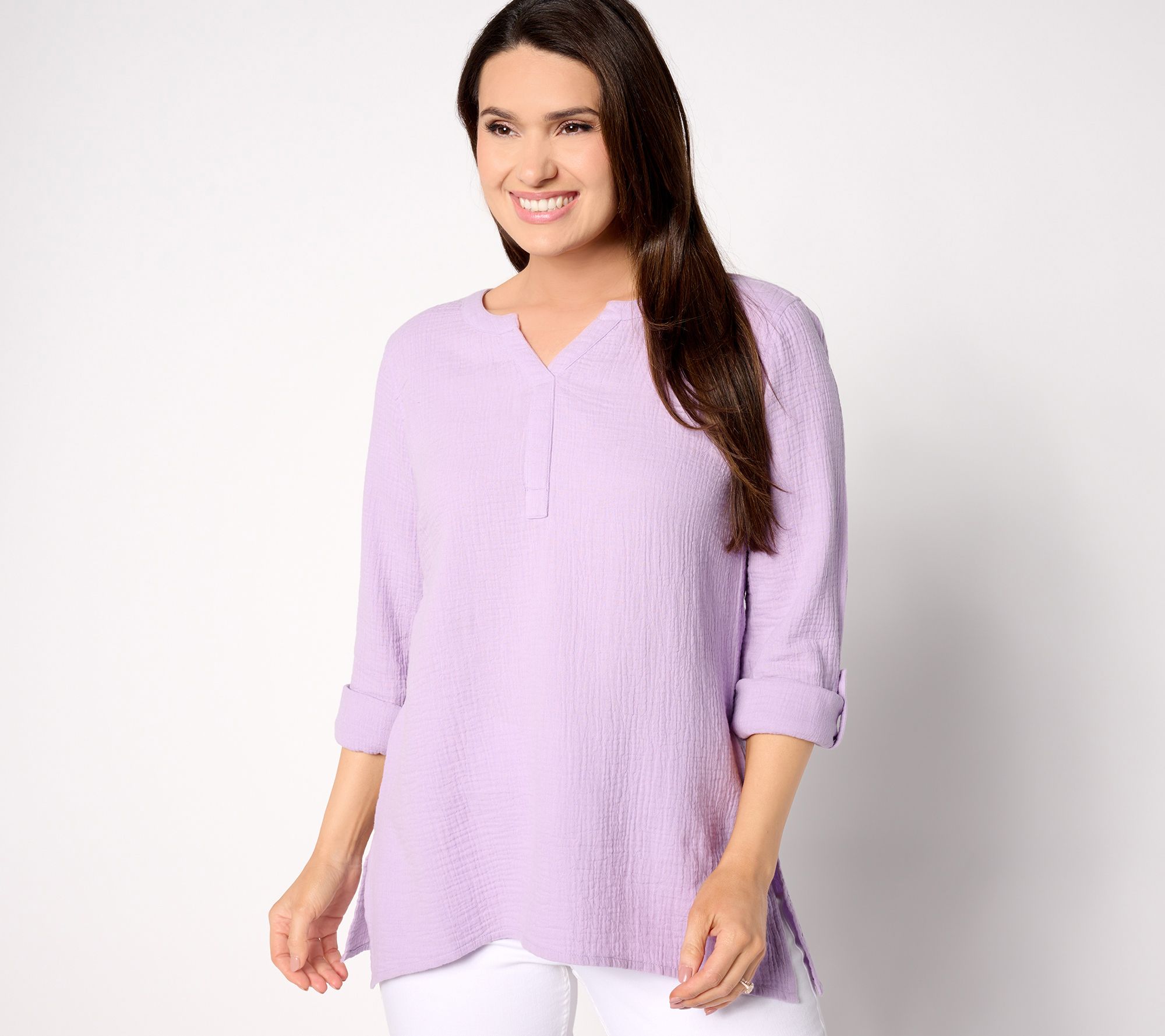 "As Is" Susan Graver PURE Regular Cotton Gauze Split- Neck Tunic