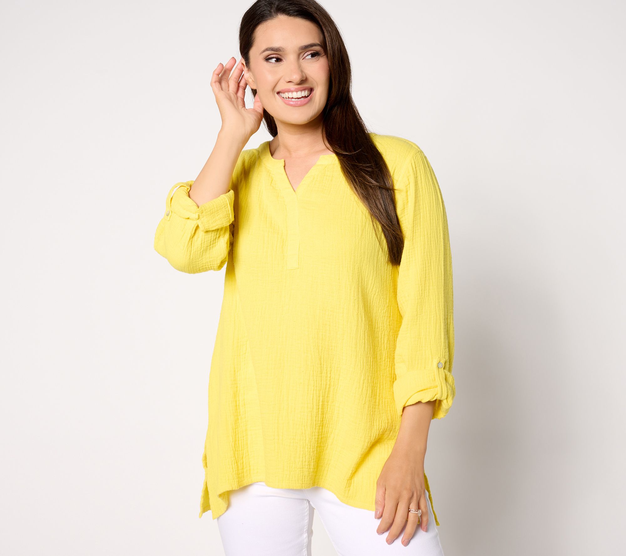 "As Is" Susan Graver PURE Regular Cotton Gauze Split- Neck Tunic