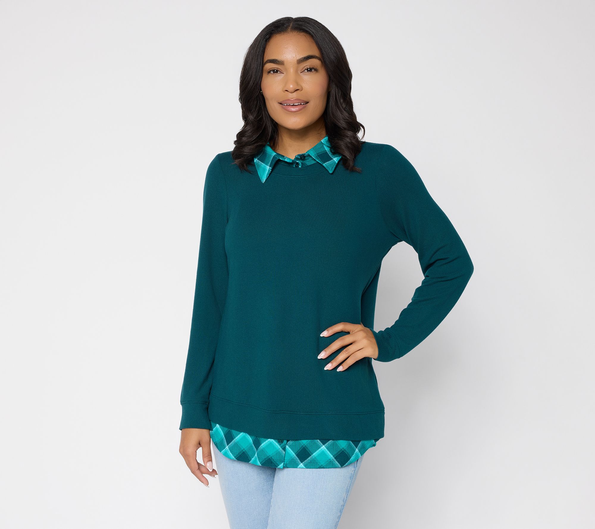 Denim & Co. Heavenly Jersey Solid/Plaid Long Sleeve 2fer Top