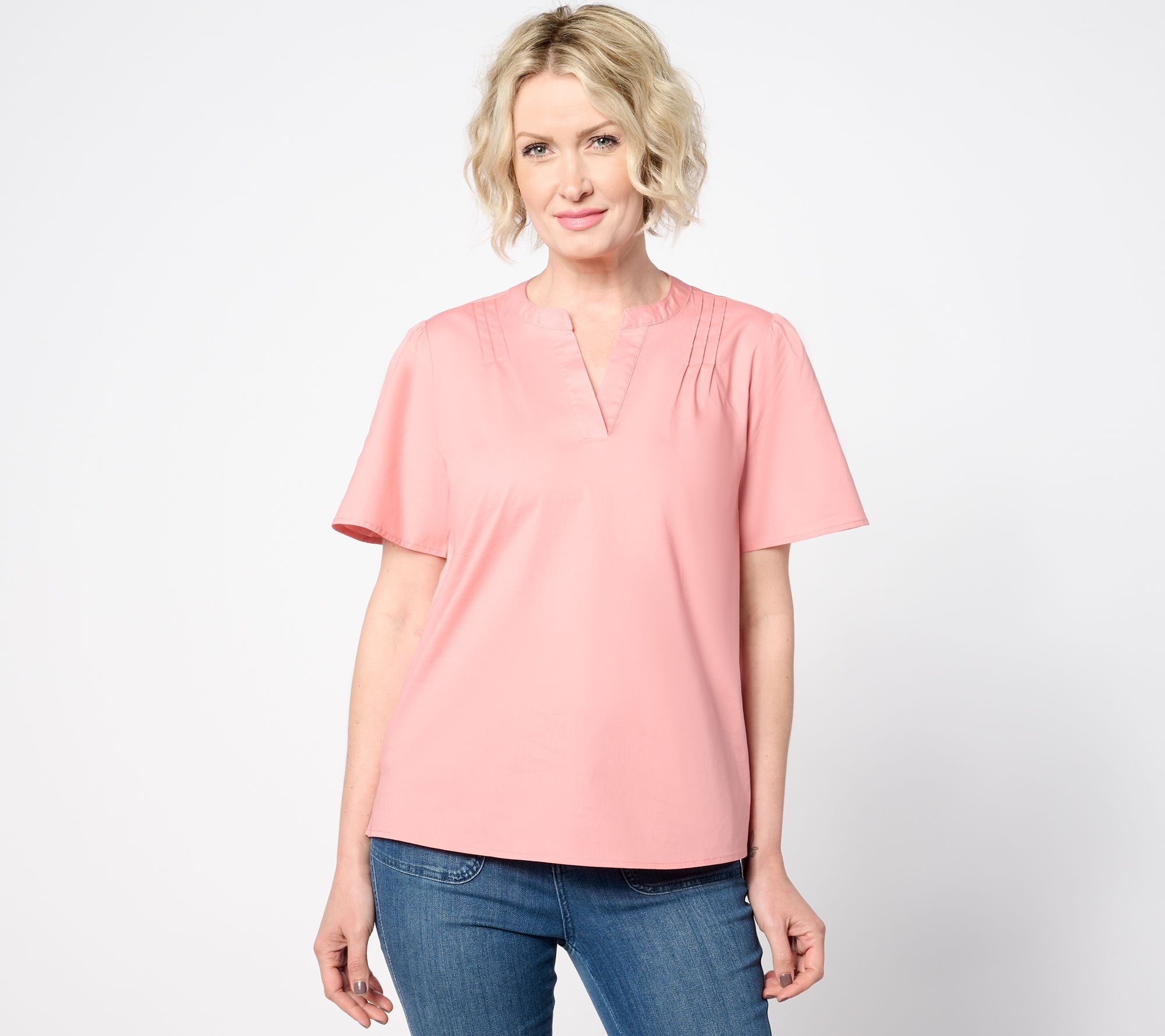 "As Is" Denim & Co. Poplin Short Sleeve Blouse with Pintucks