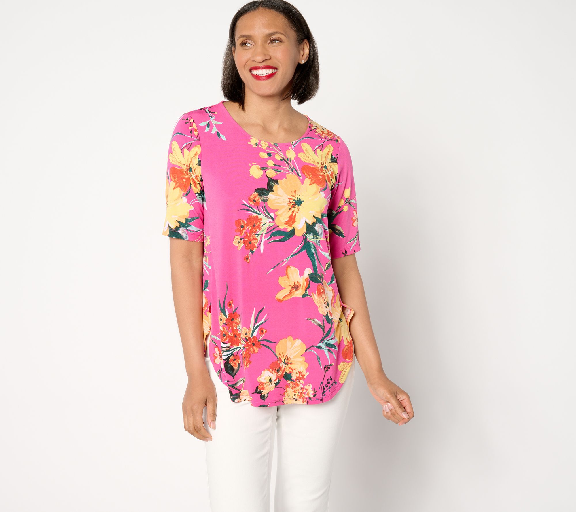 "As Is" Susan Graver Petite Printed Liquid Knit Shirttail Hem Tunic