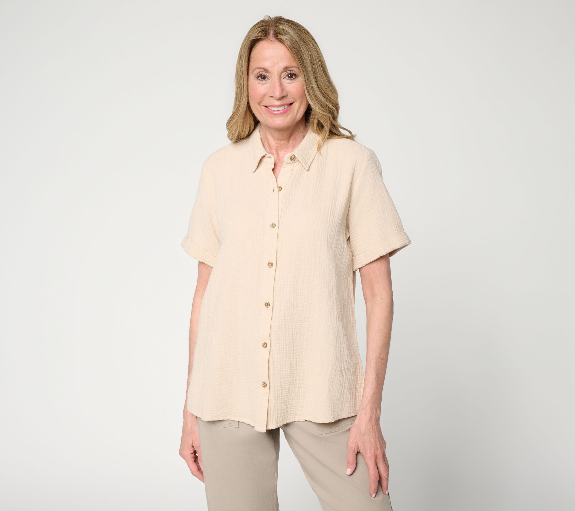 Susan Graver PURE Regular Cotton Gauze Button Front Tunic
