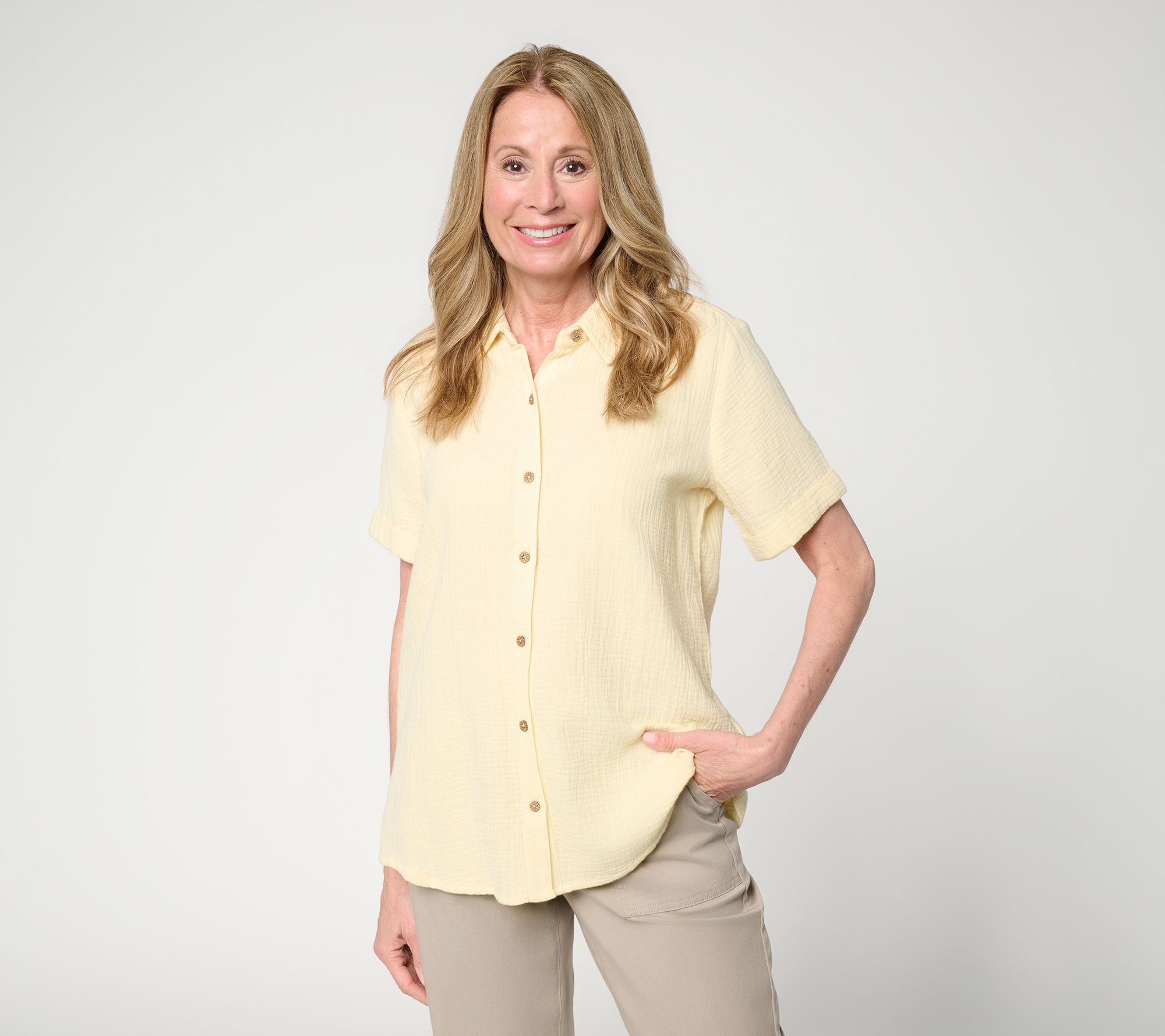 Susan Graver PURE Regular Cotton Gauze Button Front Tunic