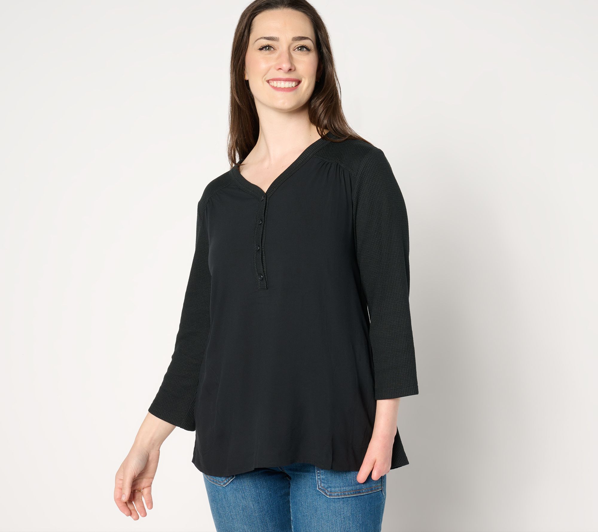 "As Is" LOGO by Lori Goldstein 3/4 Sleeve V-Neck Henley Waffle Mix Top