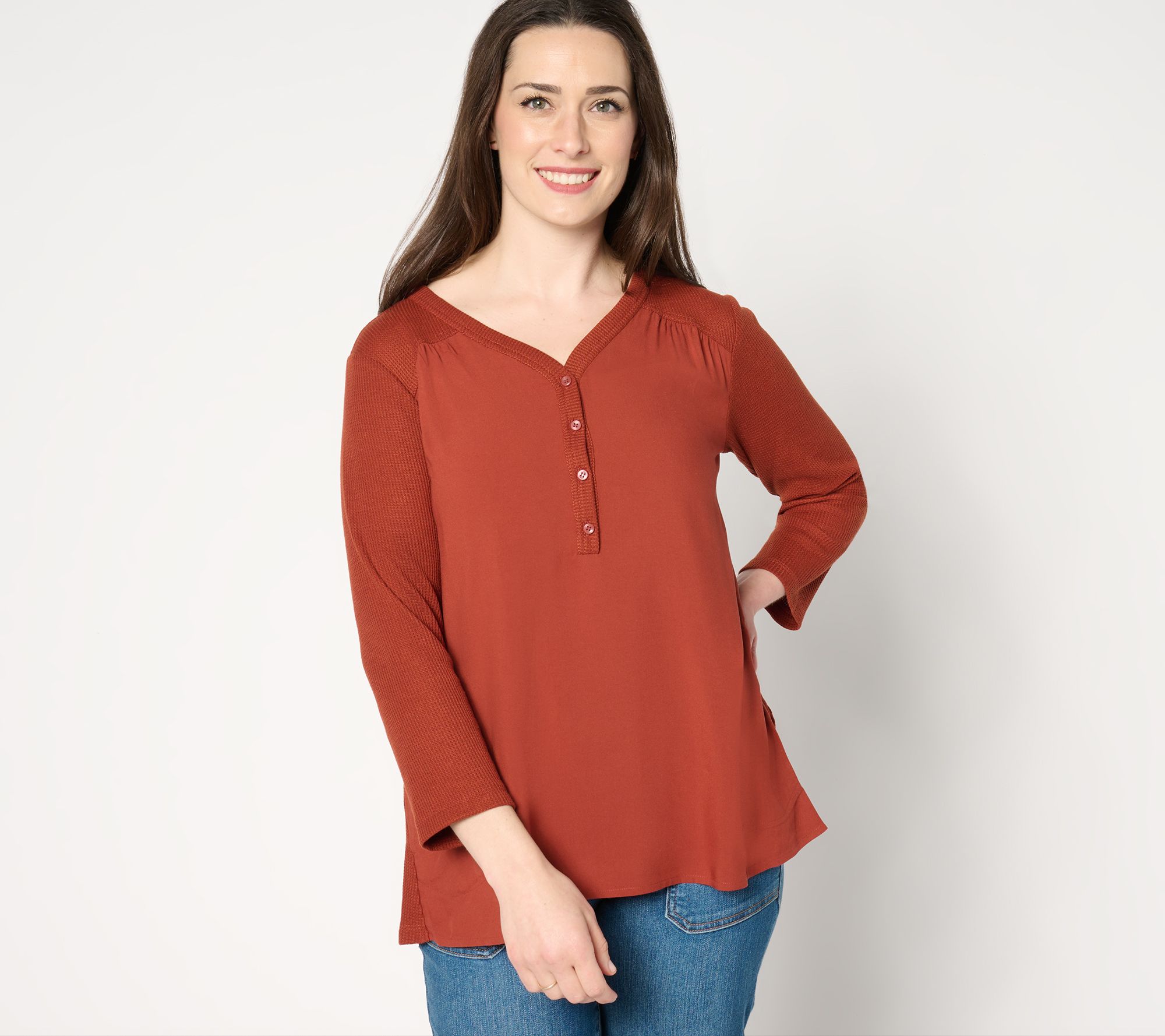 "As Is" LOGO by Lori Goldstein 3/4 Sleeve V-Neck Henley Waffle Mix Top