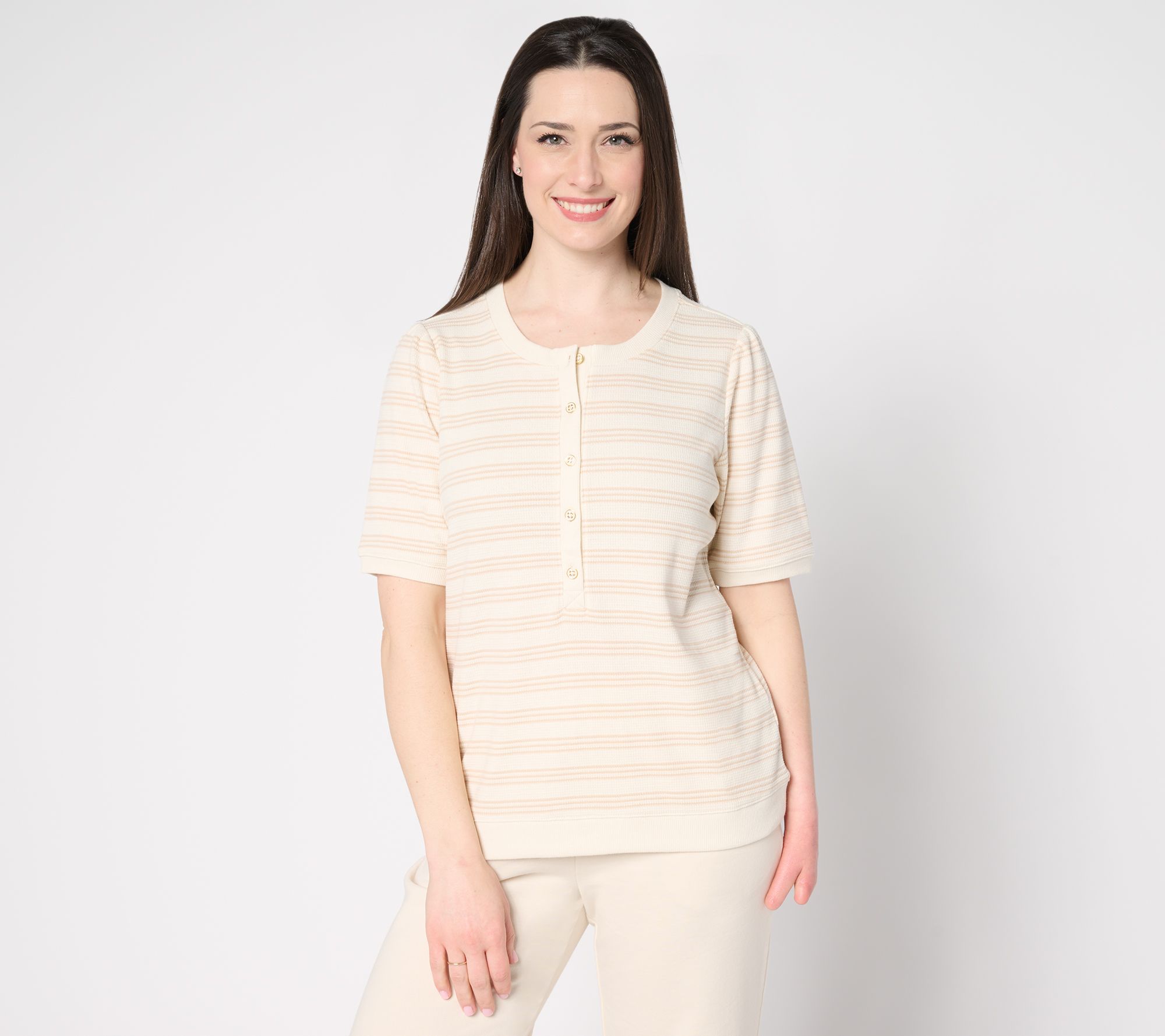 AnyBody Yarn Dye Striped Waffle Puff Sleeve Henley Top