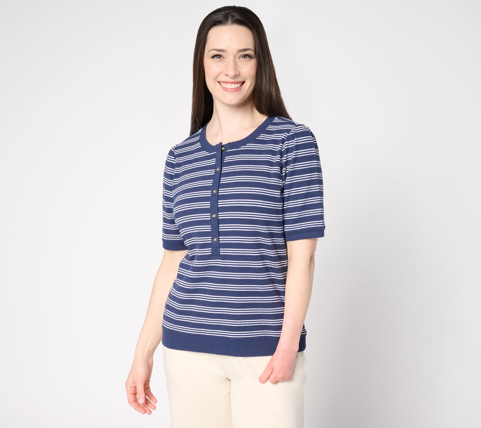 AnyBody Yarn Dye Striped Waffle Puff Sleeve Henley Top