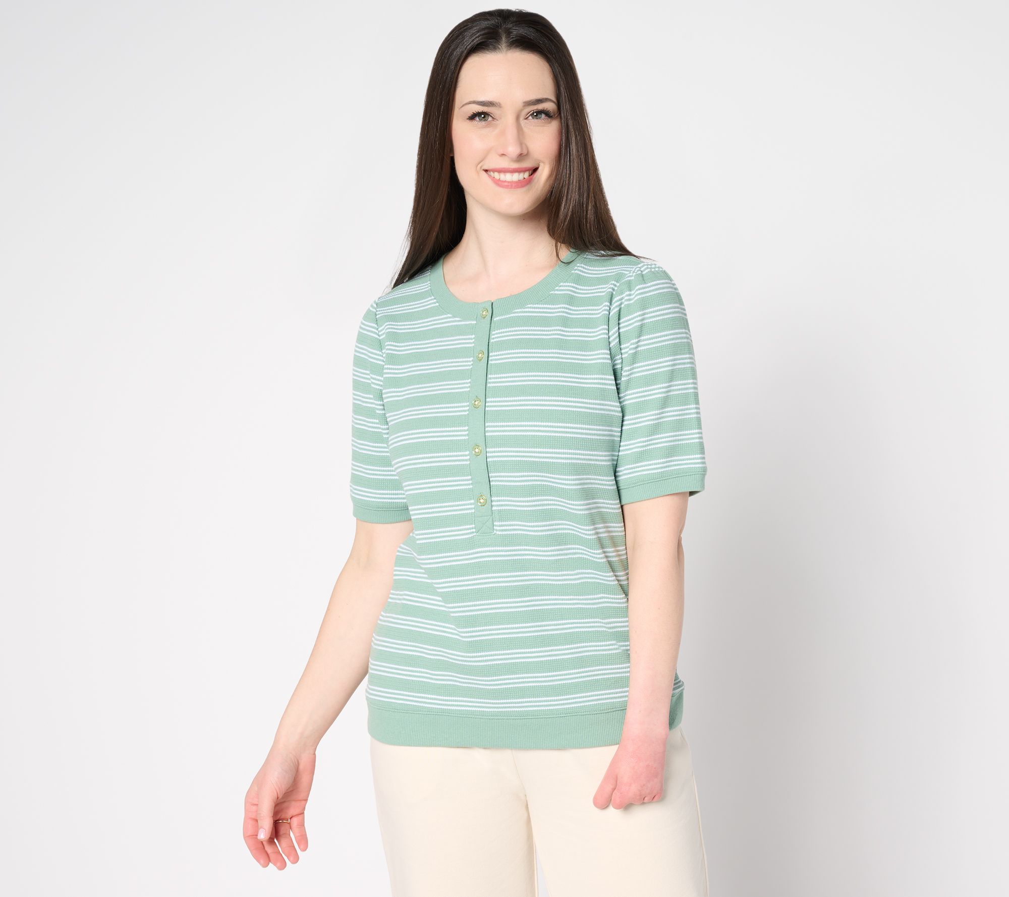 AnyBody Yarn Dye Striped Waffle Puff Sleeve Henley Top