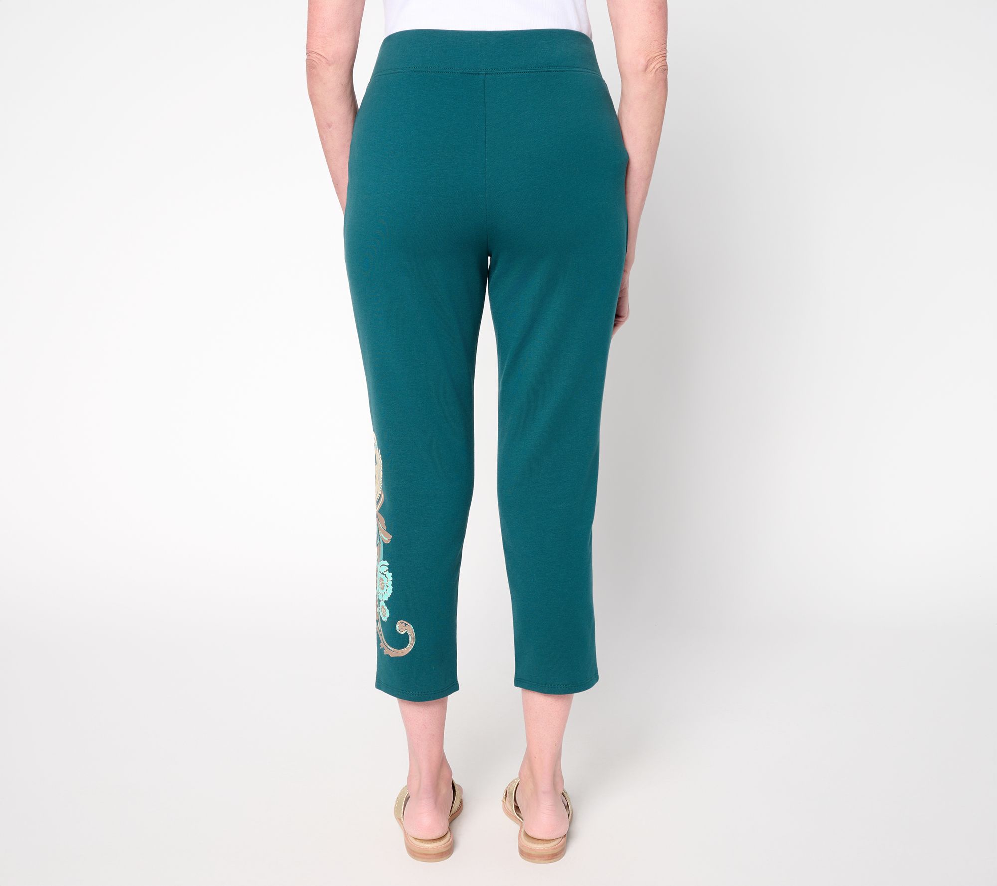 Denim & Co. EasyWear French Terry Placement Print Slim Leg Crop