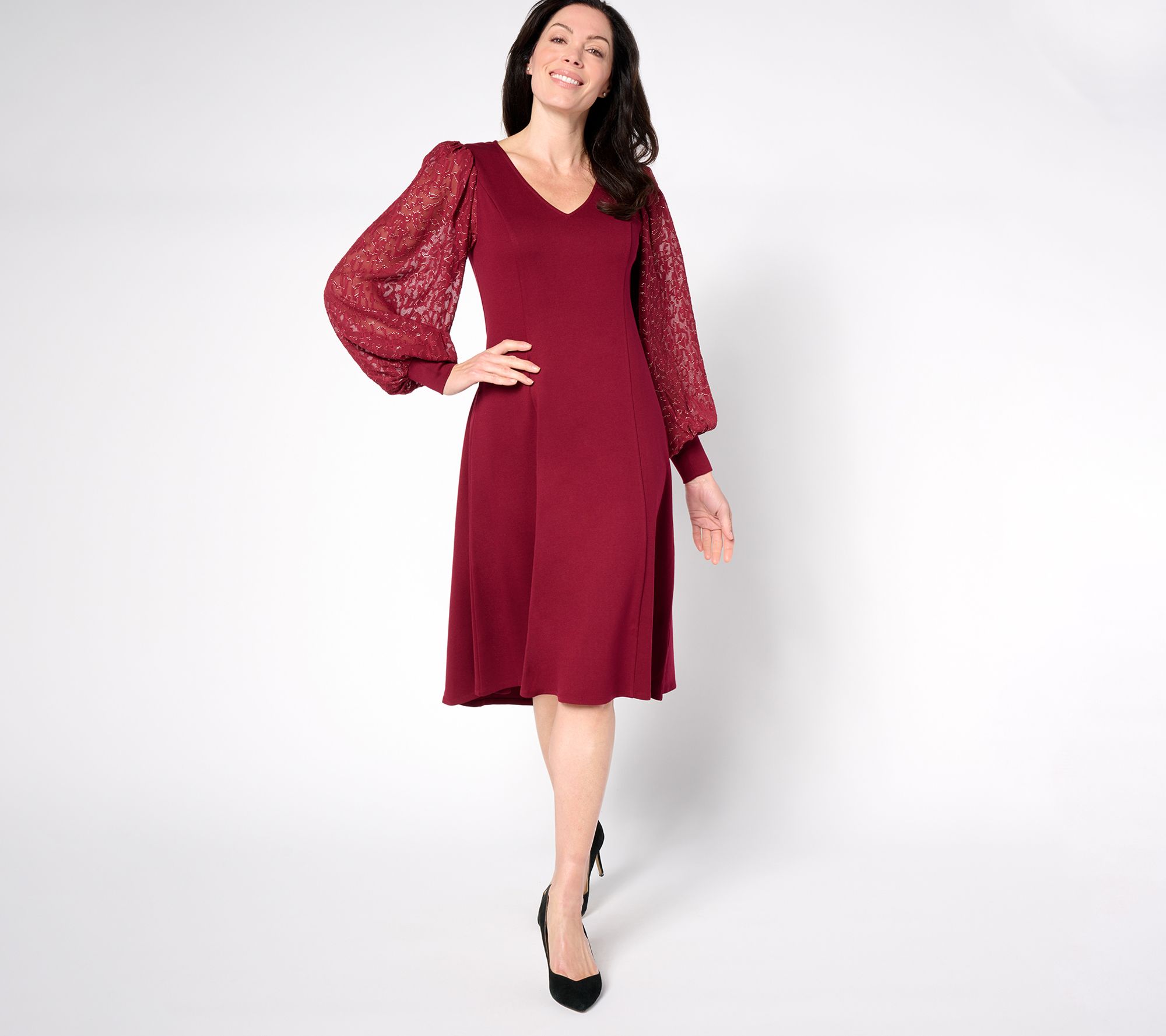 "As Is" Dennis Basso Petite Ponte Dress with Metallic Accent Sleeves