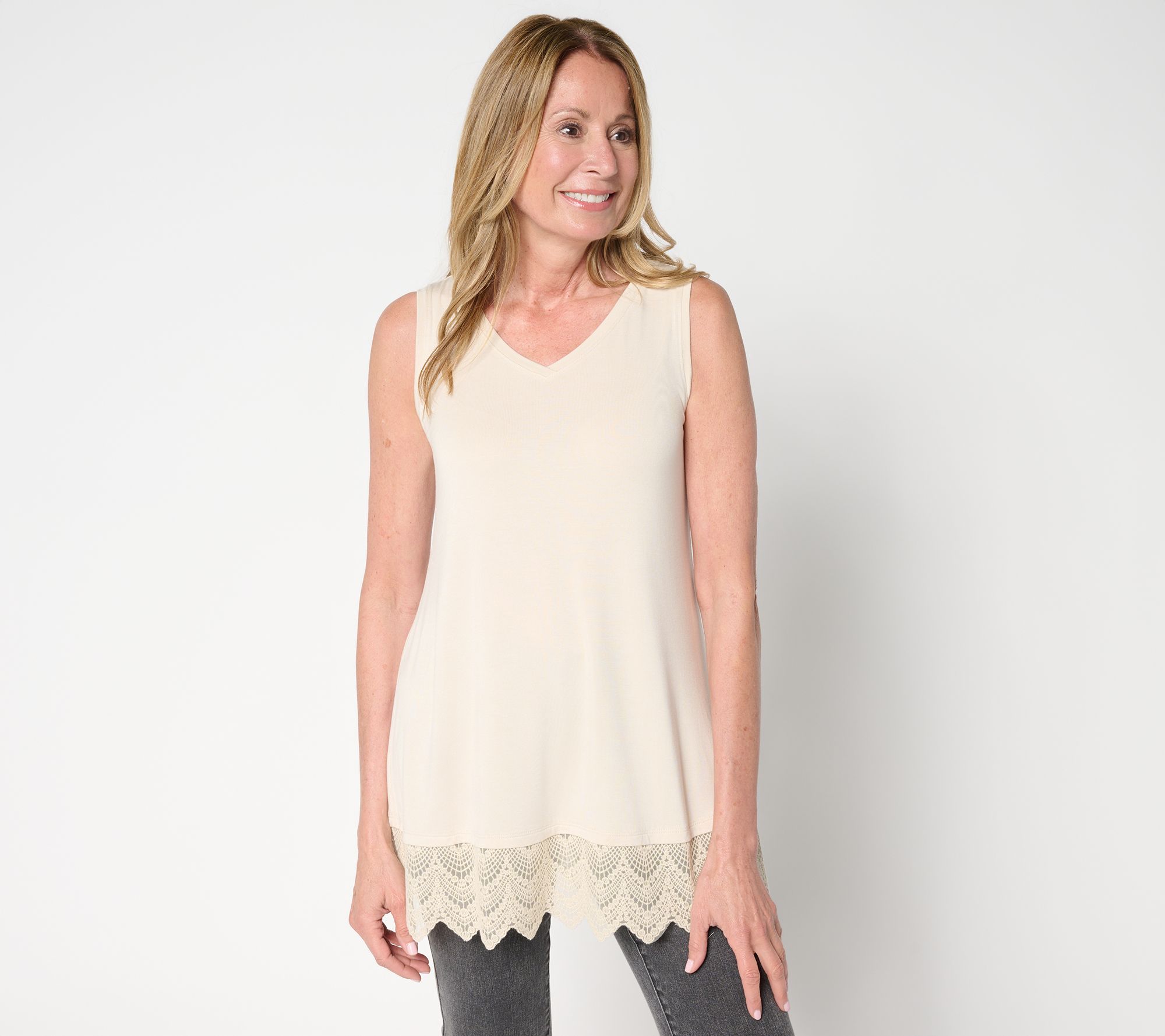 LOGO Layers by Lori Goldstein Petite Knit Tank w/ Lace Hem