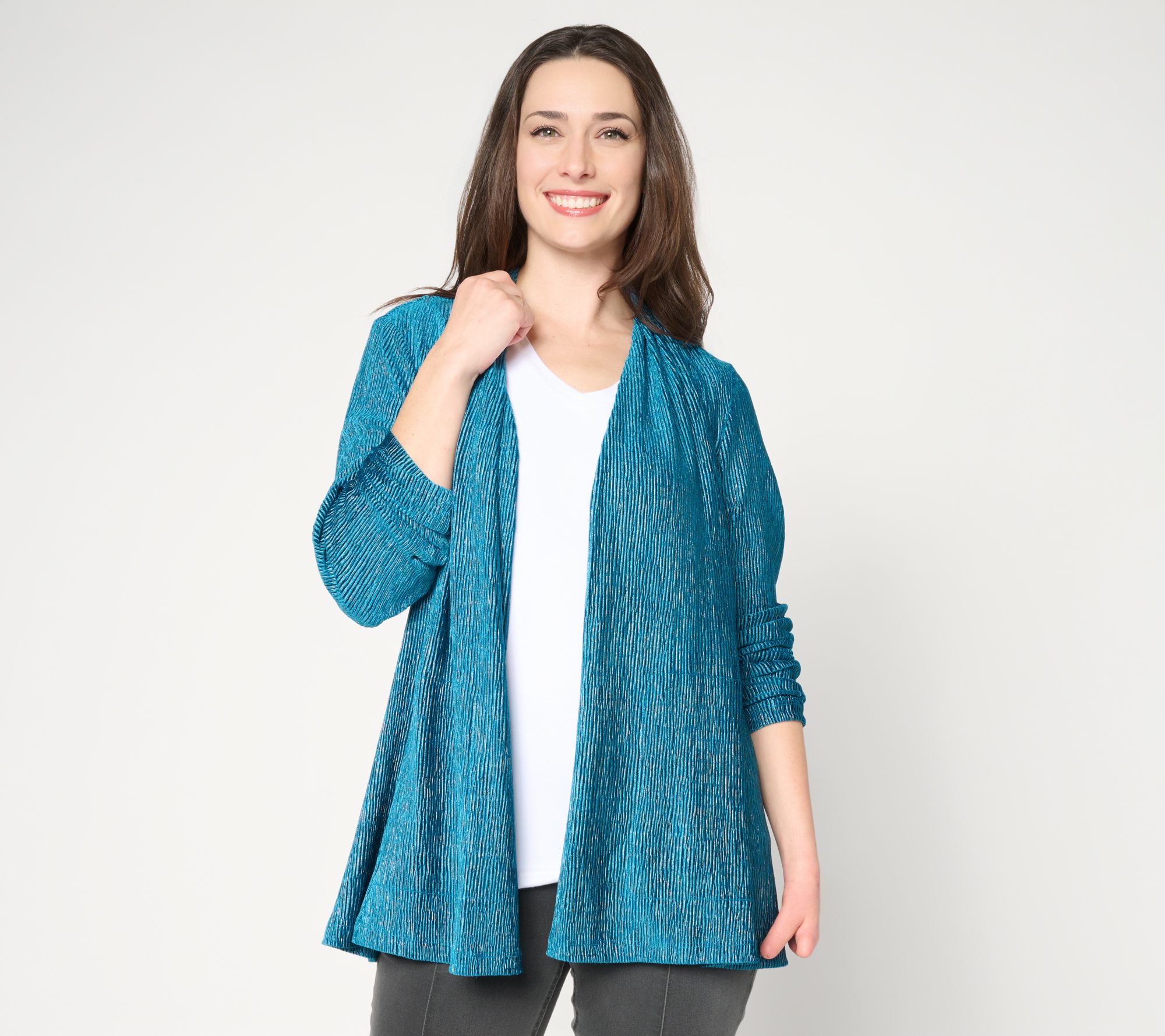 Susan Graver Regular Foiled Textured Knit Open Front Cardigan
