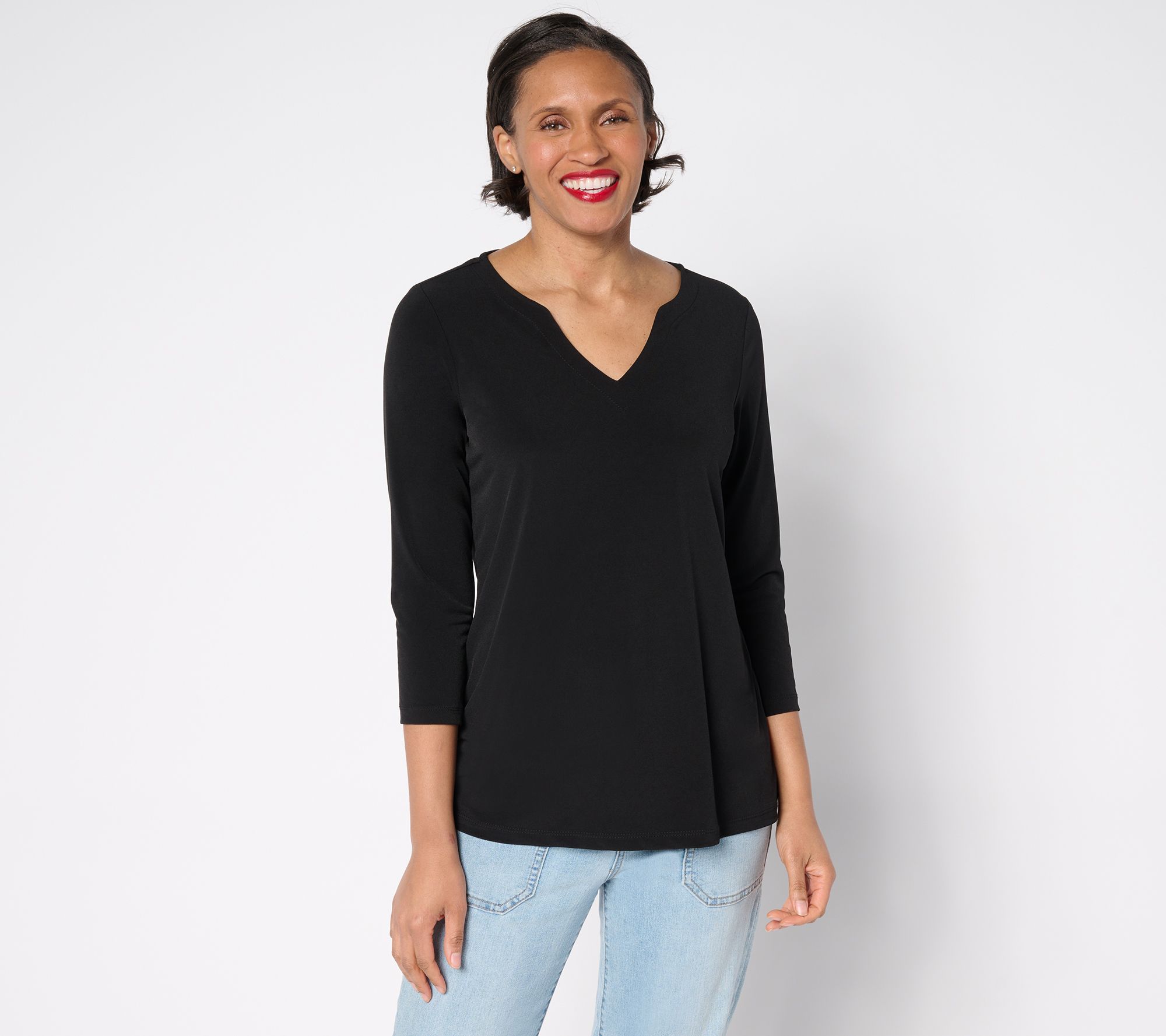 "As Is" Susan Graver Petite Modern Essentials Knit Split Neck Top