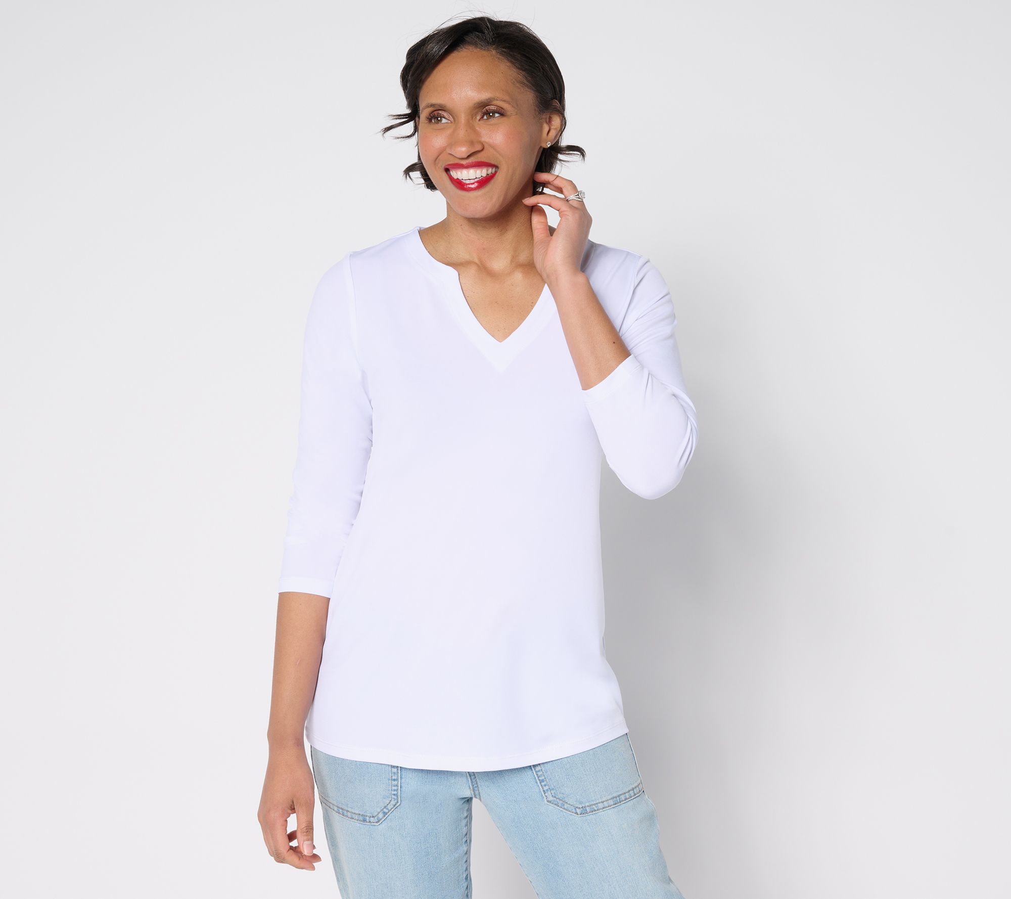 "As Is" Susan Graver Petite Modern Essentials Knit Split Neck Top