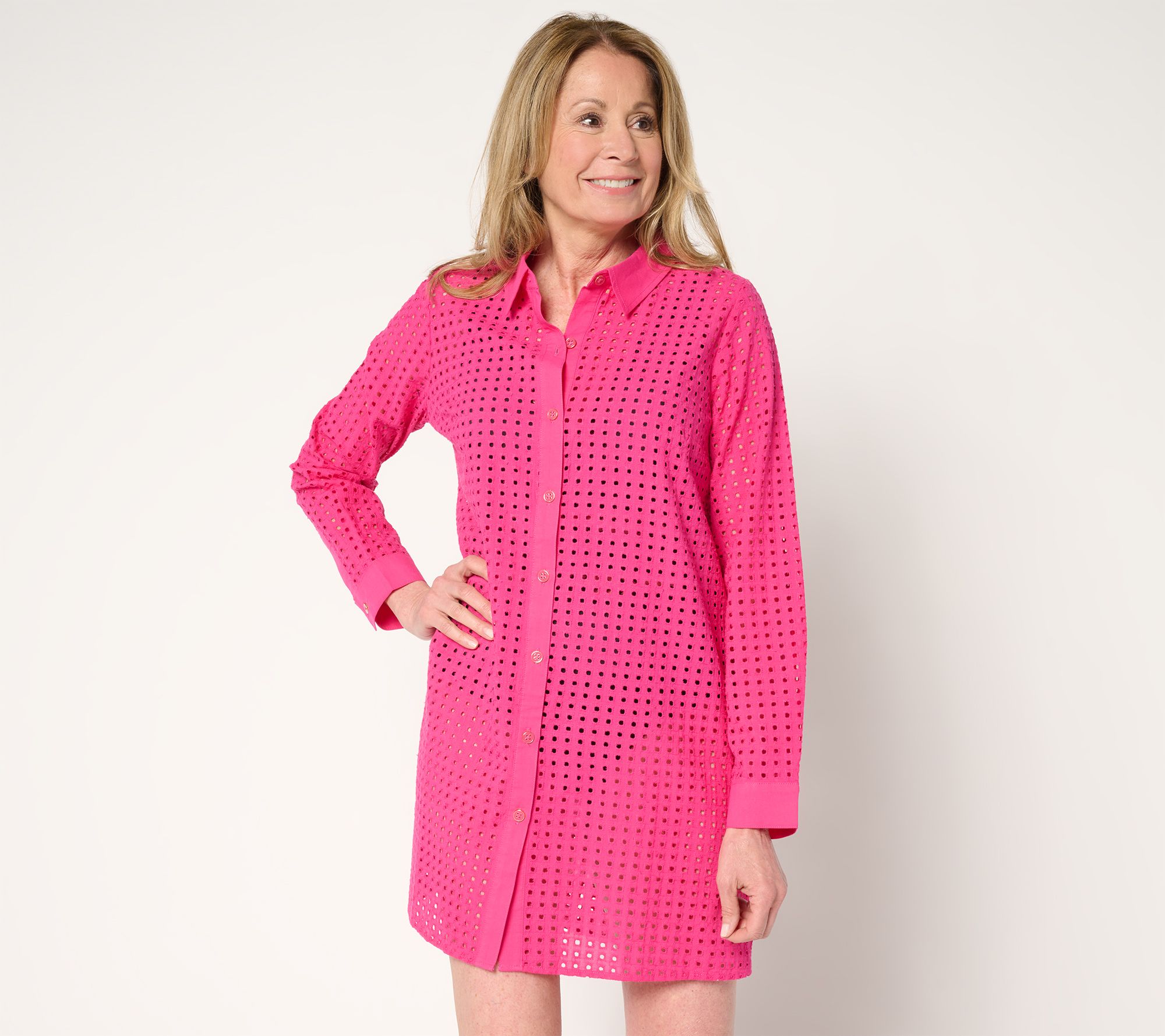 "As Is"Susan Graver Soleil Regular Eyelet Button Front Cover-Up