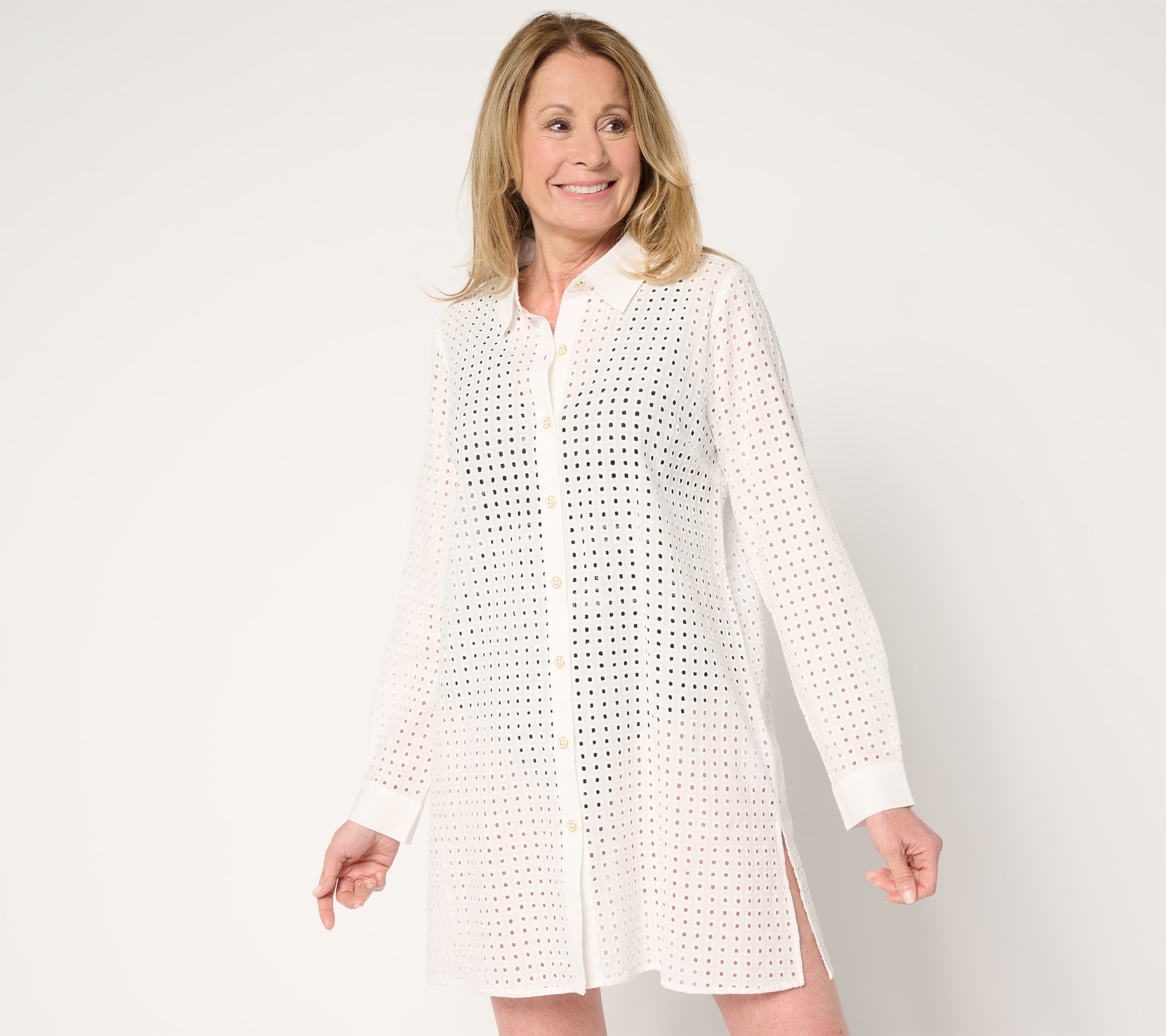 "As Is"Susan Graver Soleil Regular Eyelet Button Front Cover-Up