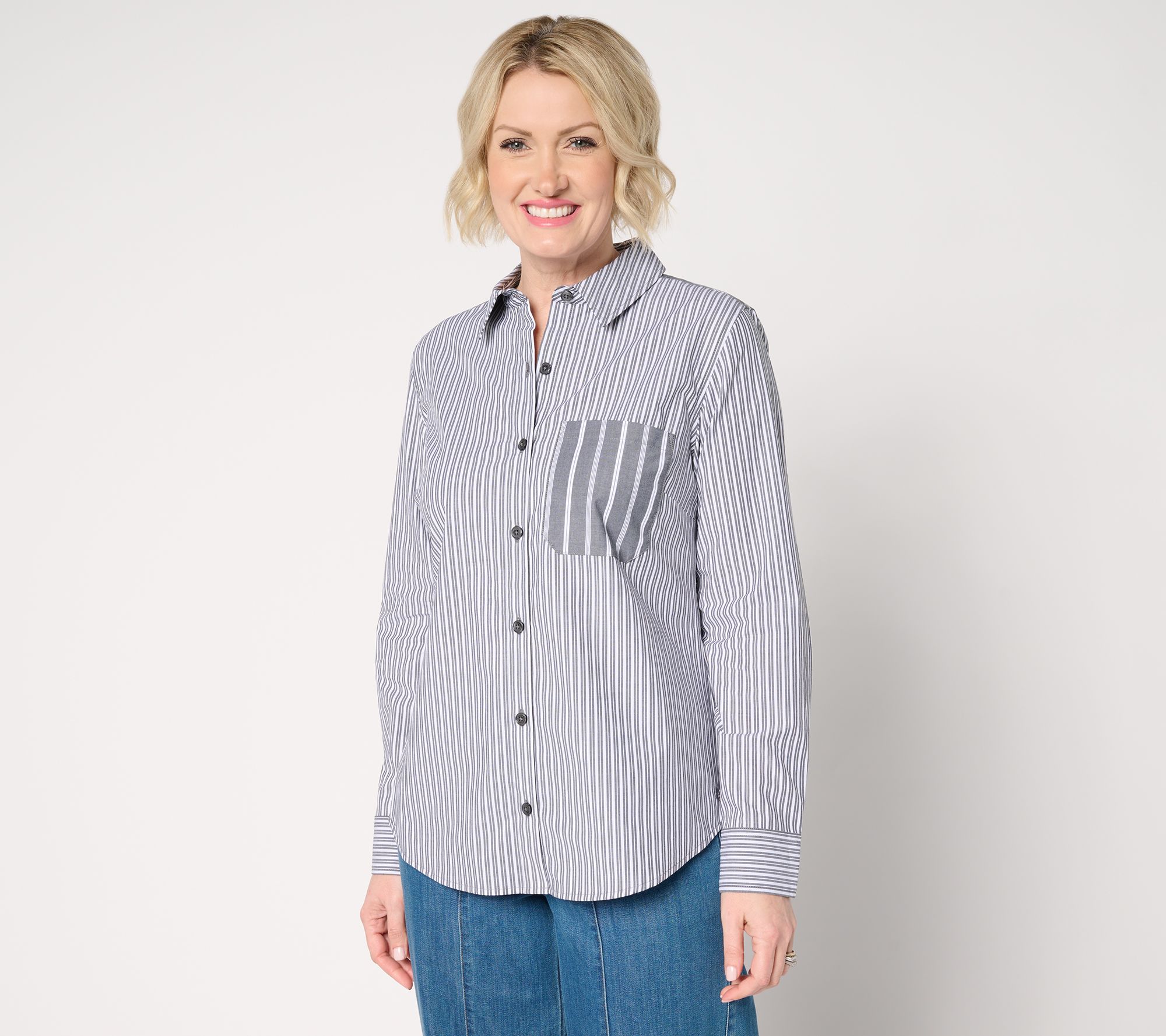 "As Is" Joan Rivers Stretch Cotton Button Front Mixed Stripe Shirt
