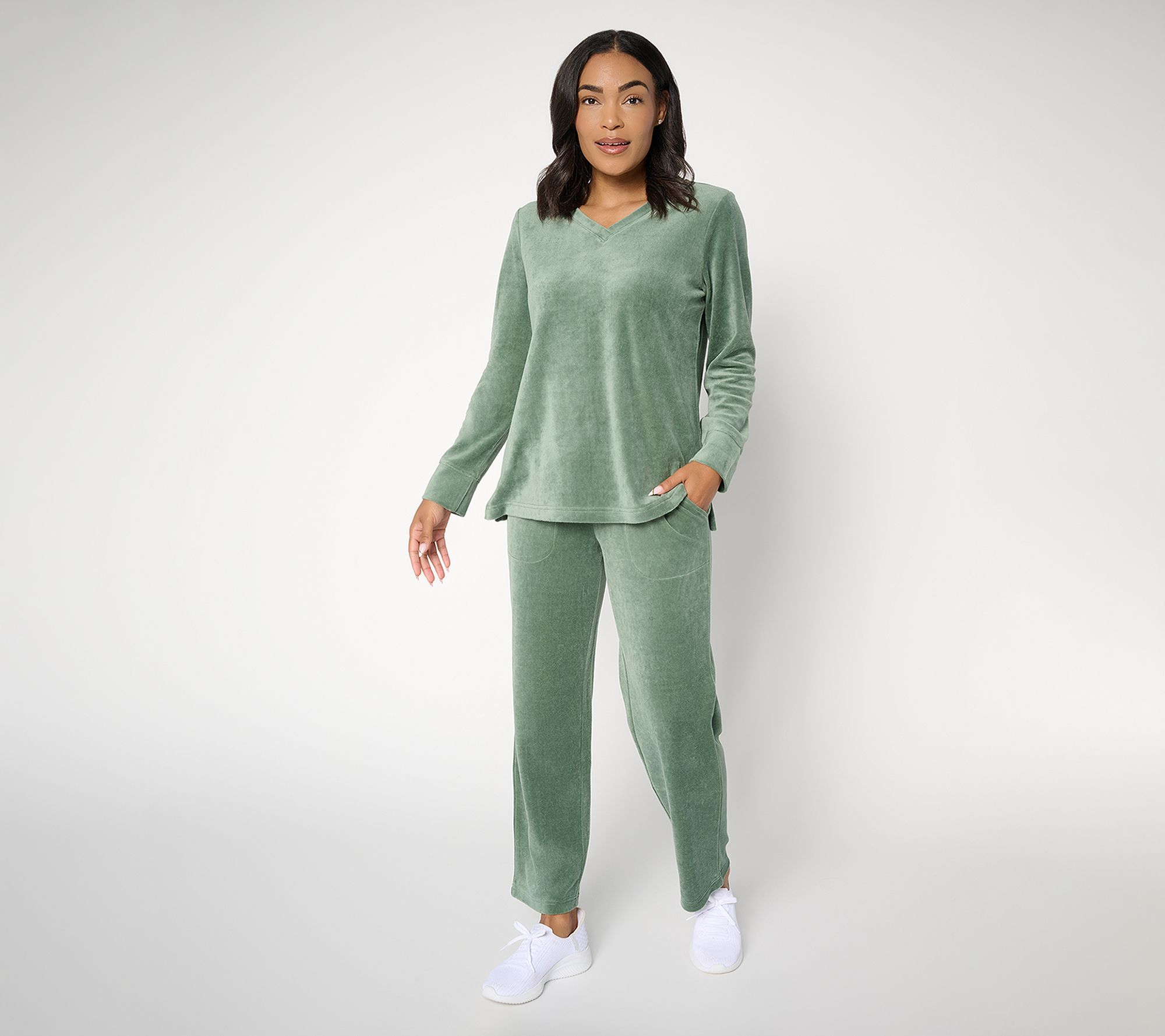 Denim & Co. Active Regular Velour Top & Straight Leg Pants Set