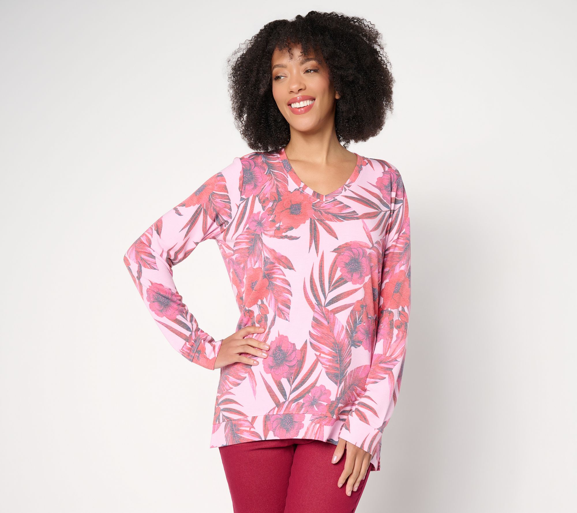 Denim & Co. Soft Blend Knit Printed Long Sleeve V-Neck Top