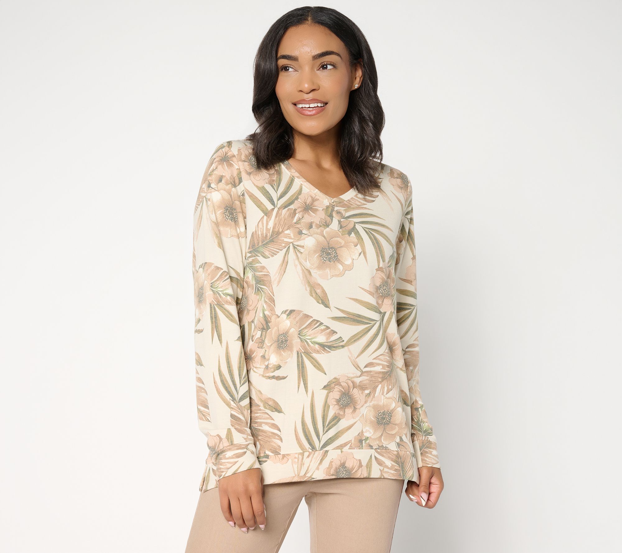 Denim & Co. Soft Blend Knit Printed Long Sleeve V-Neck Top