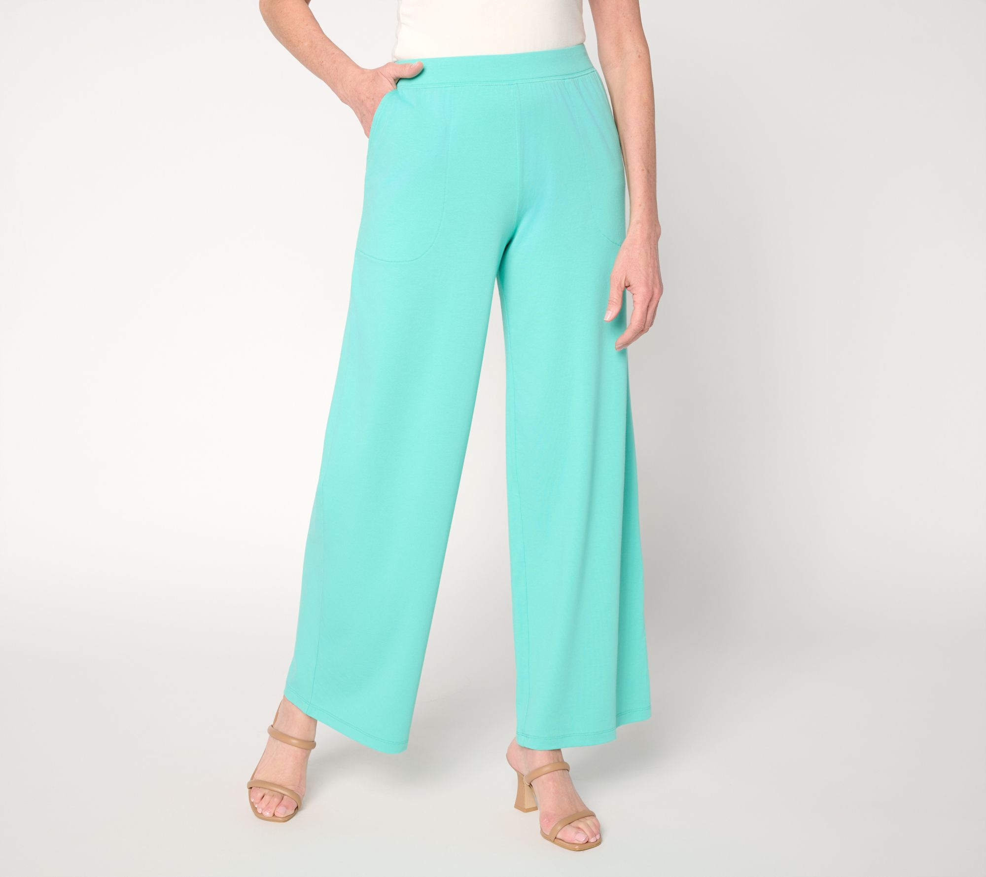 Denim & Co. Petite Beach Jersey Full Length Wide Leg Pants