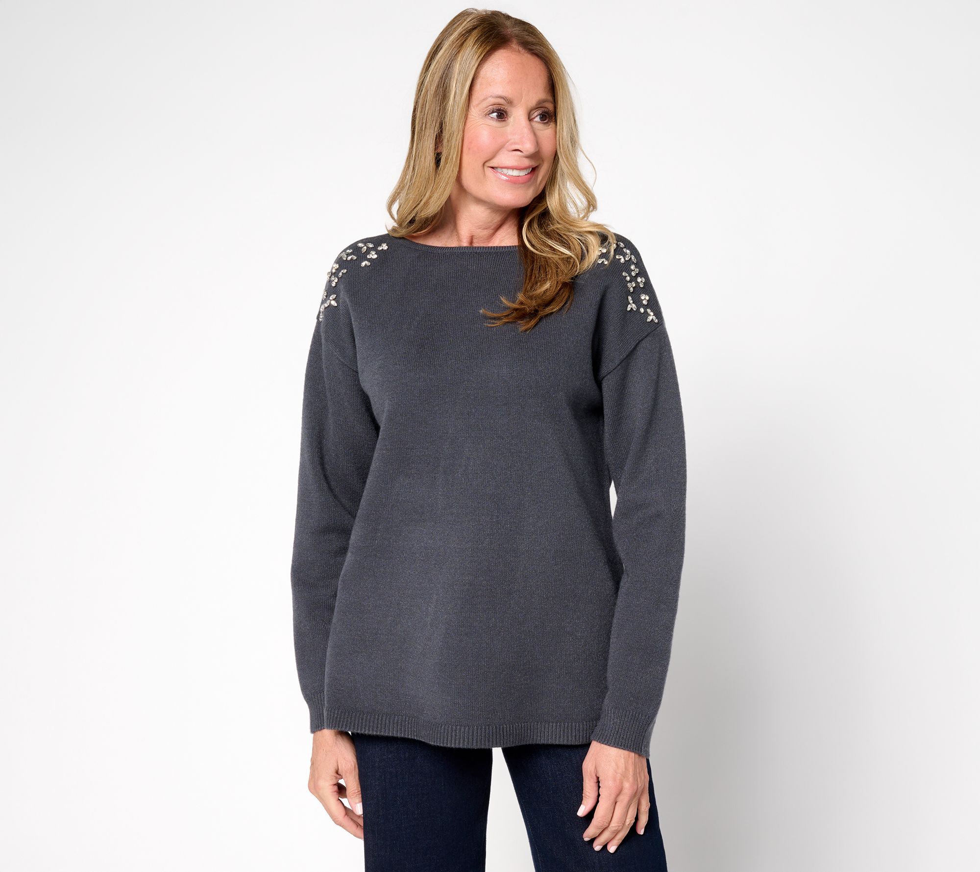 Susan Graver Bateau Neck Embellished Sweater