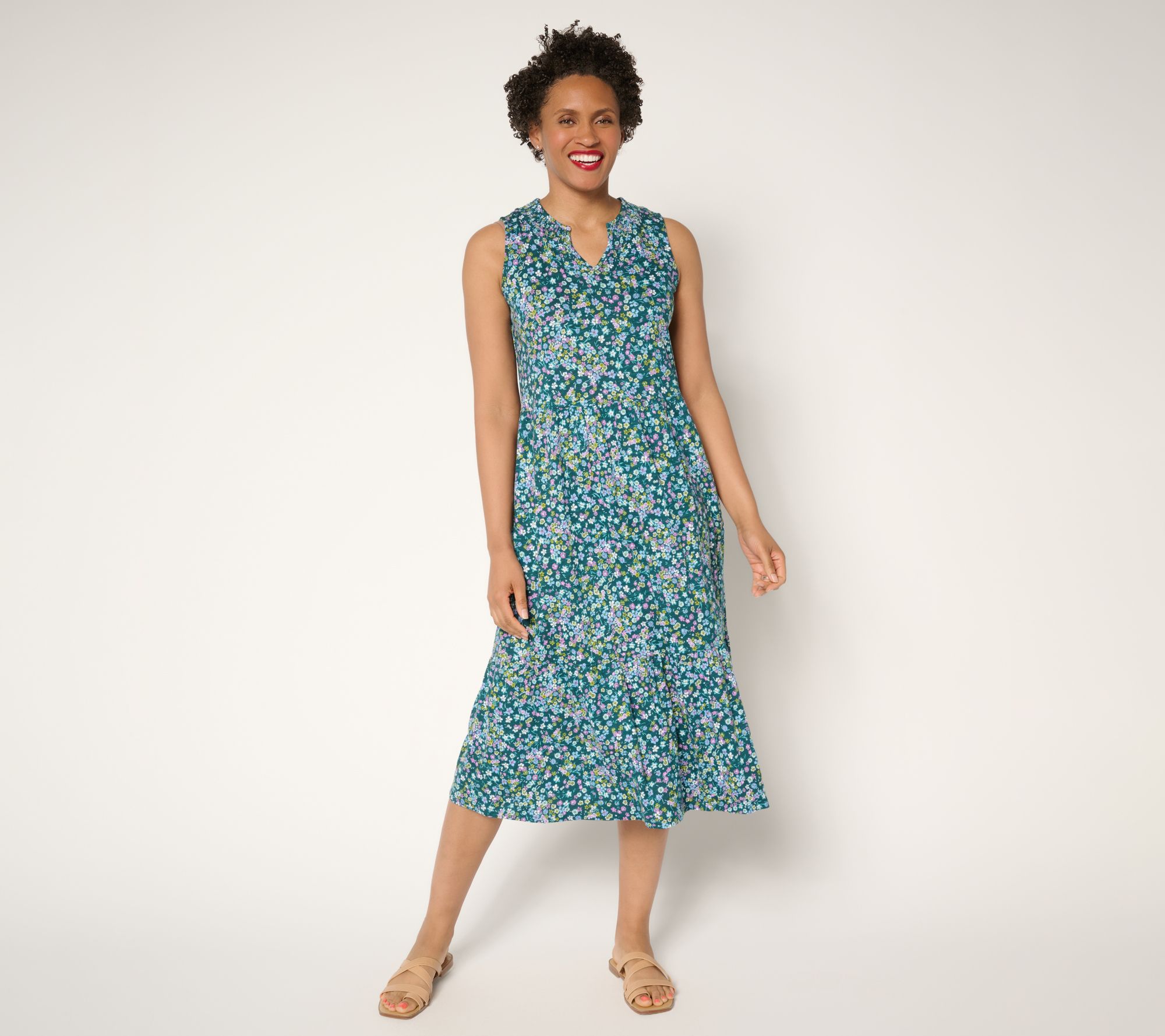 "As Is" Denim & Co. Regular Linen Blend Midi Dress with Smock Neck