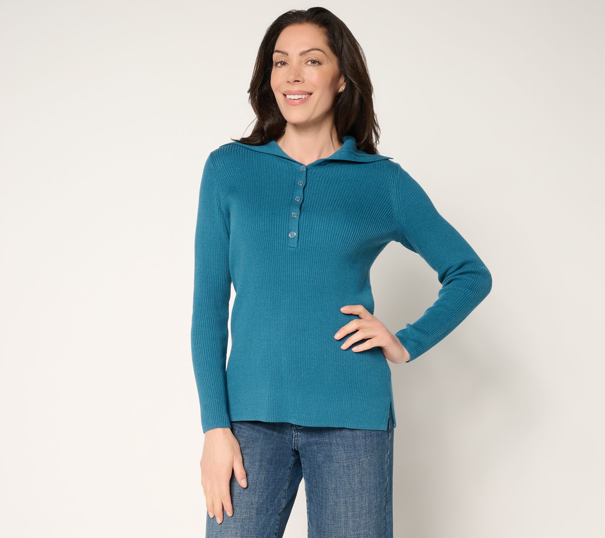 "As Is" Belle by Kim Gravel Enamel Button Ribbed Henley Sweater