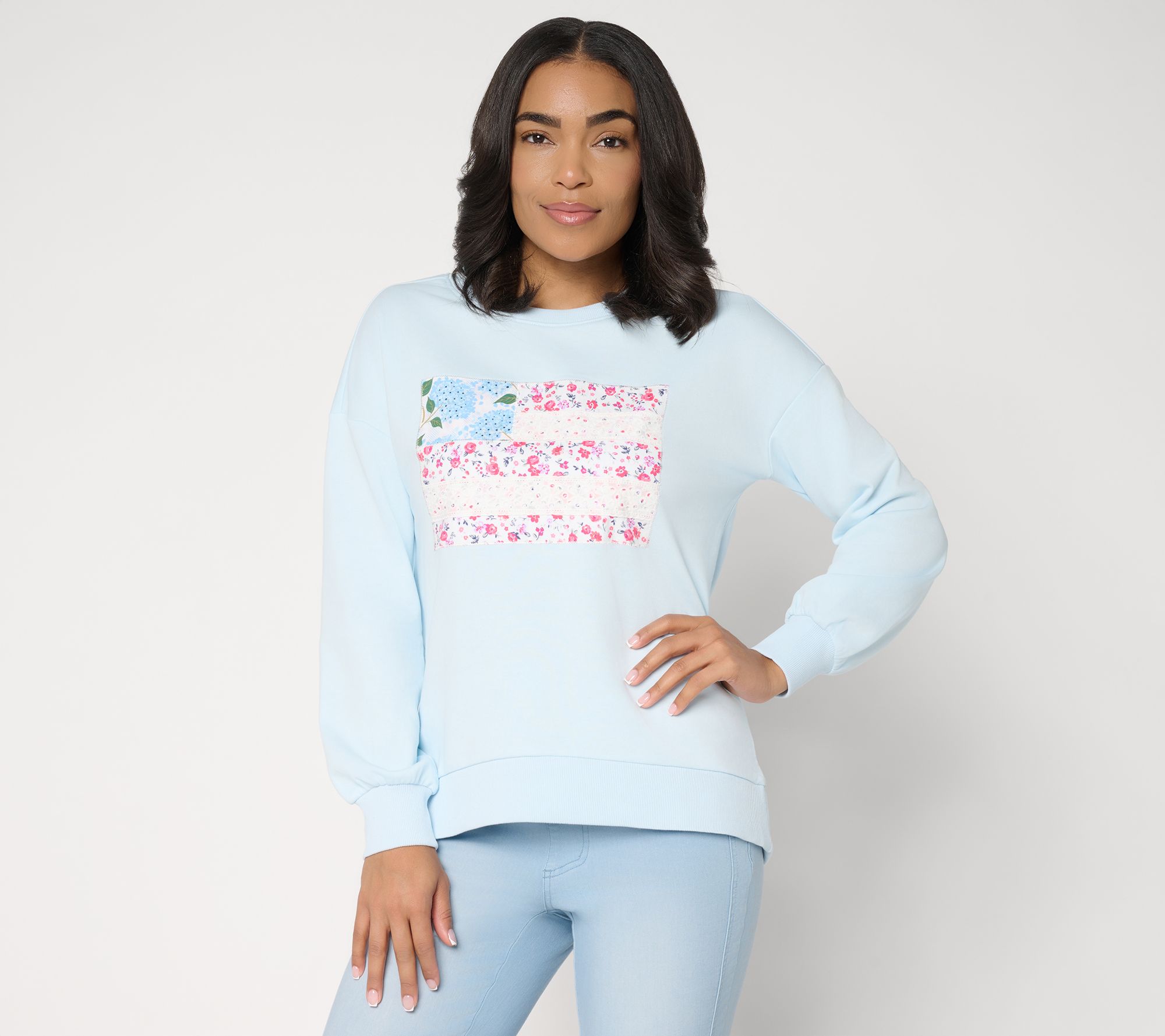 Belle by Kim Gravel Vintage Floral Patchwork Flag Sweatshirt