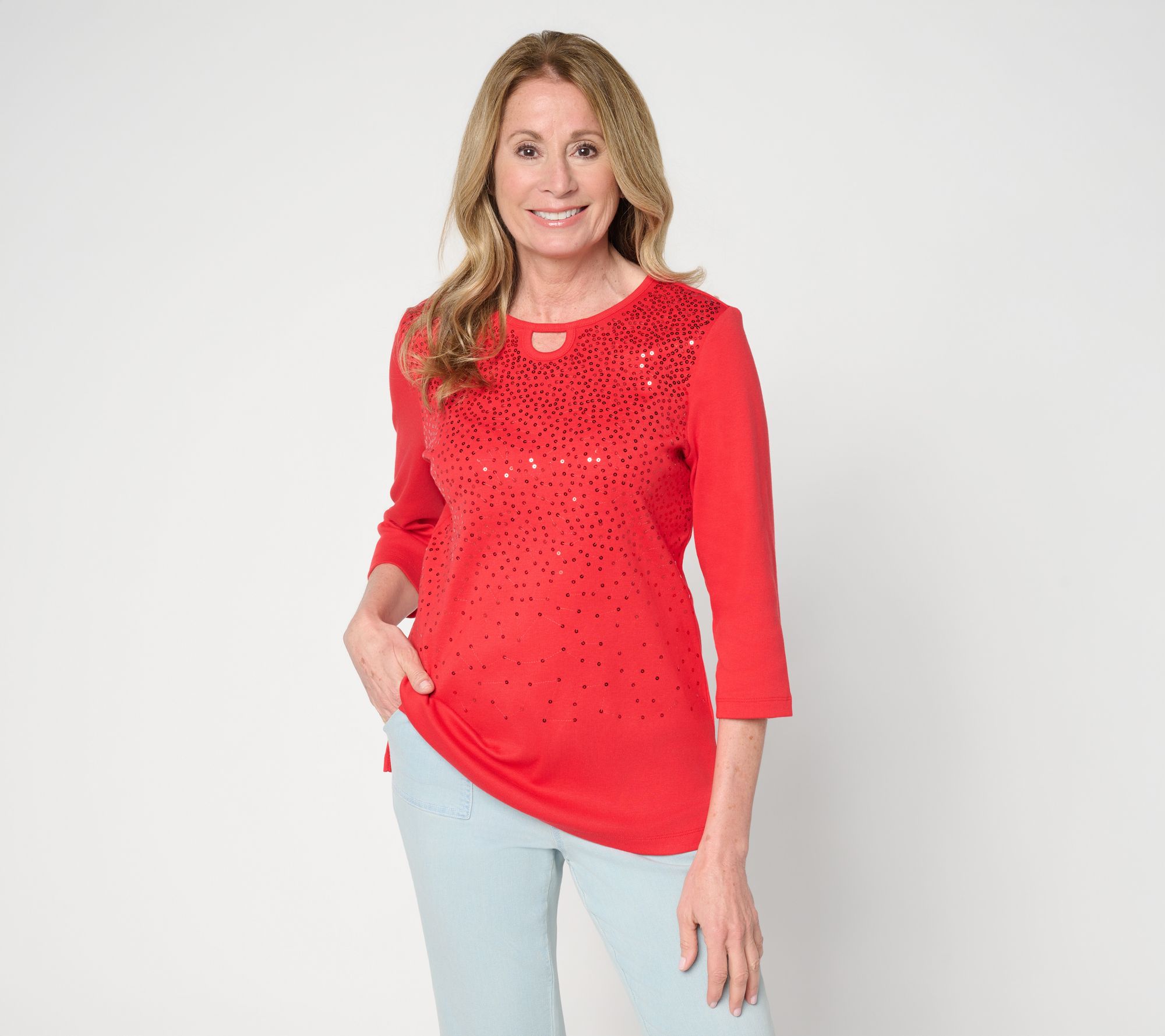 Quacker Factory Spring Beauty Sequin Ribbed 3/4 Sleeve Top