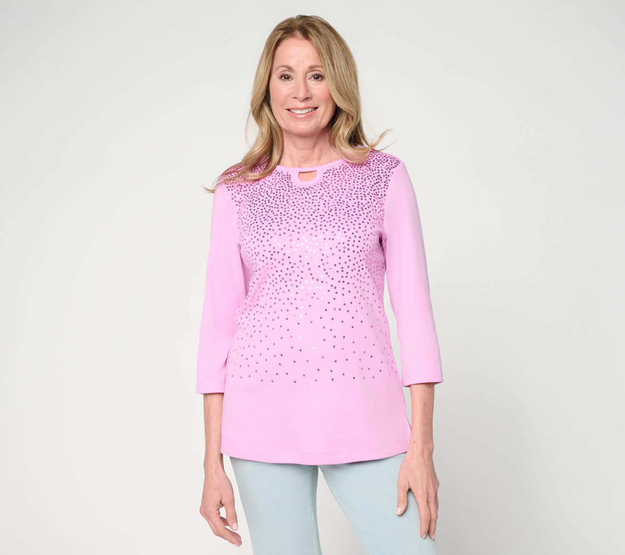Quacker Factory Spring Beauty Sequin Ribbed 3/4 Sleeve Top