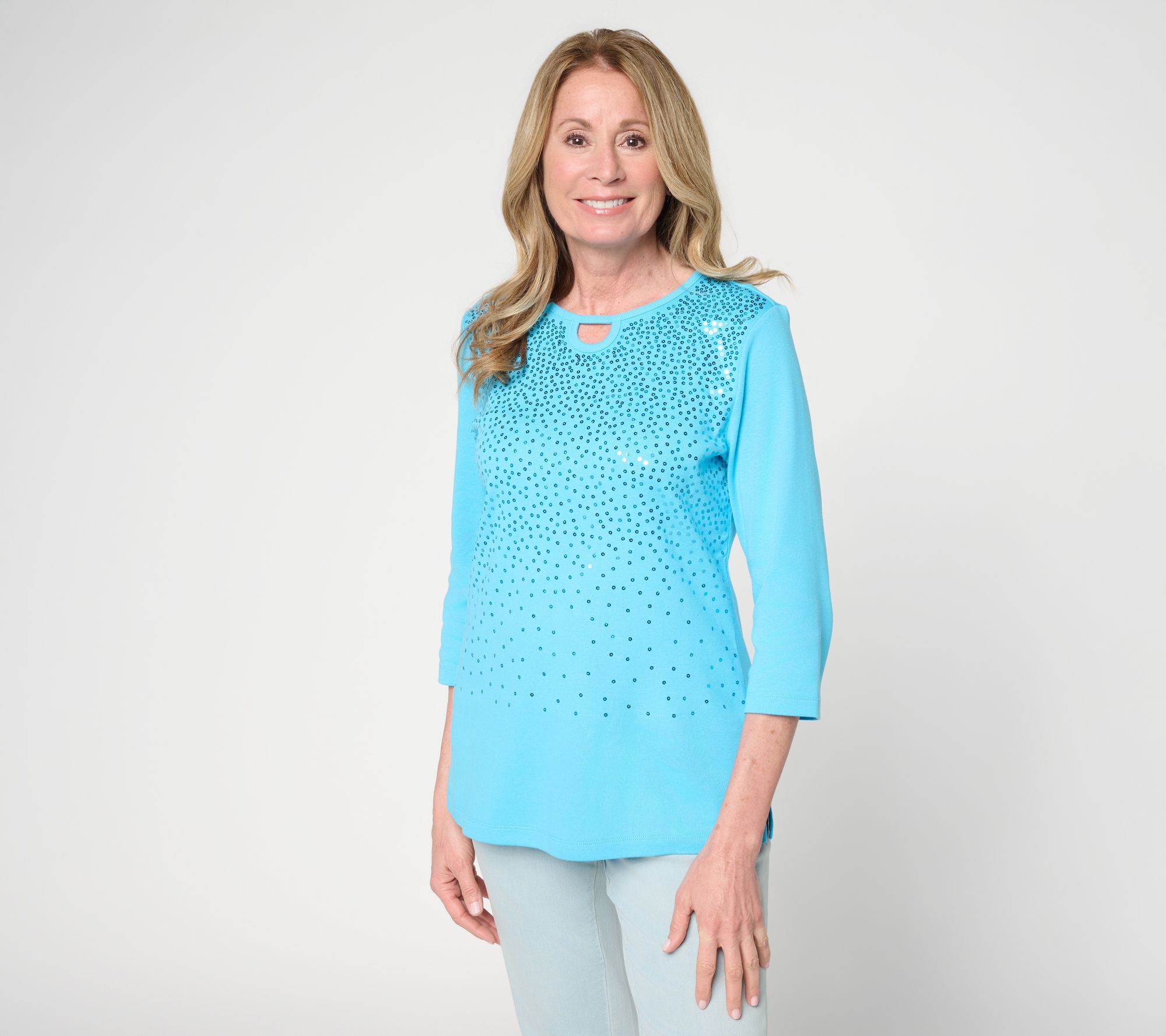 Quacker Factory Spring Beauty Sequin Ribbed 3/4 Sleeve Top