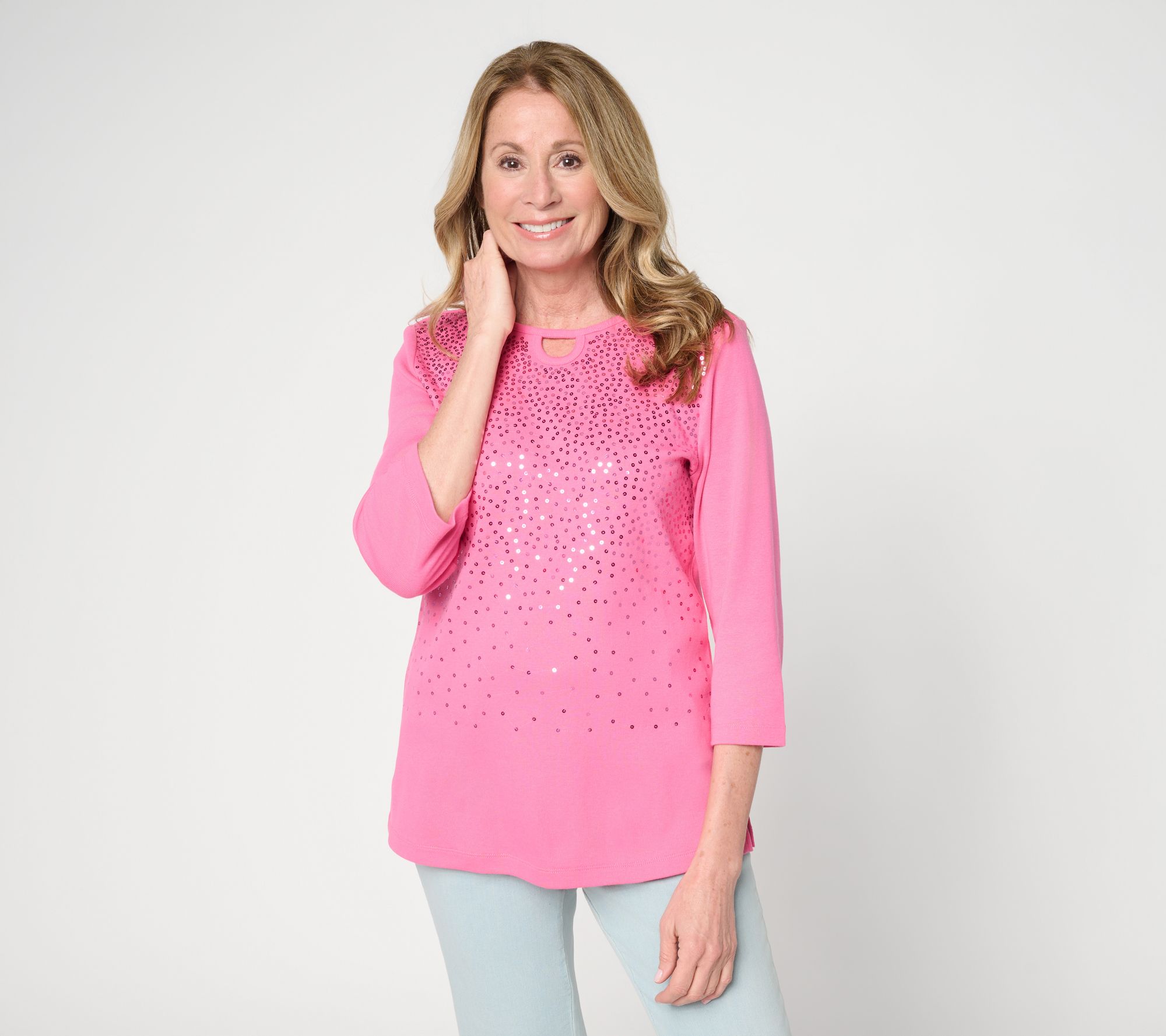 Quacker Factory Spring Beauty Sequin Ribbed 3/4 Sleeve Top