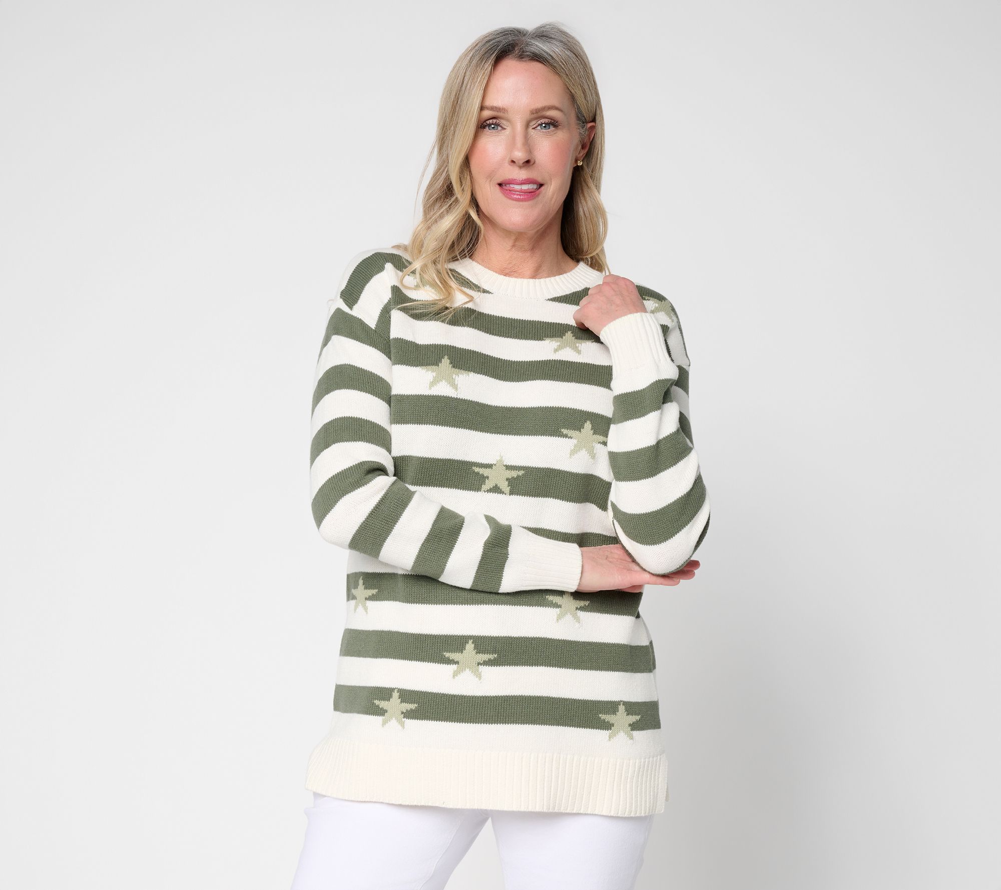 Denim & Co. Striped Americana Long Sleeve Sweater