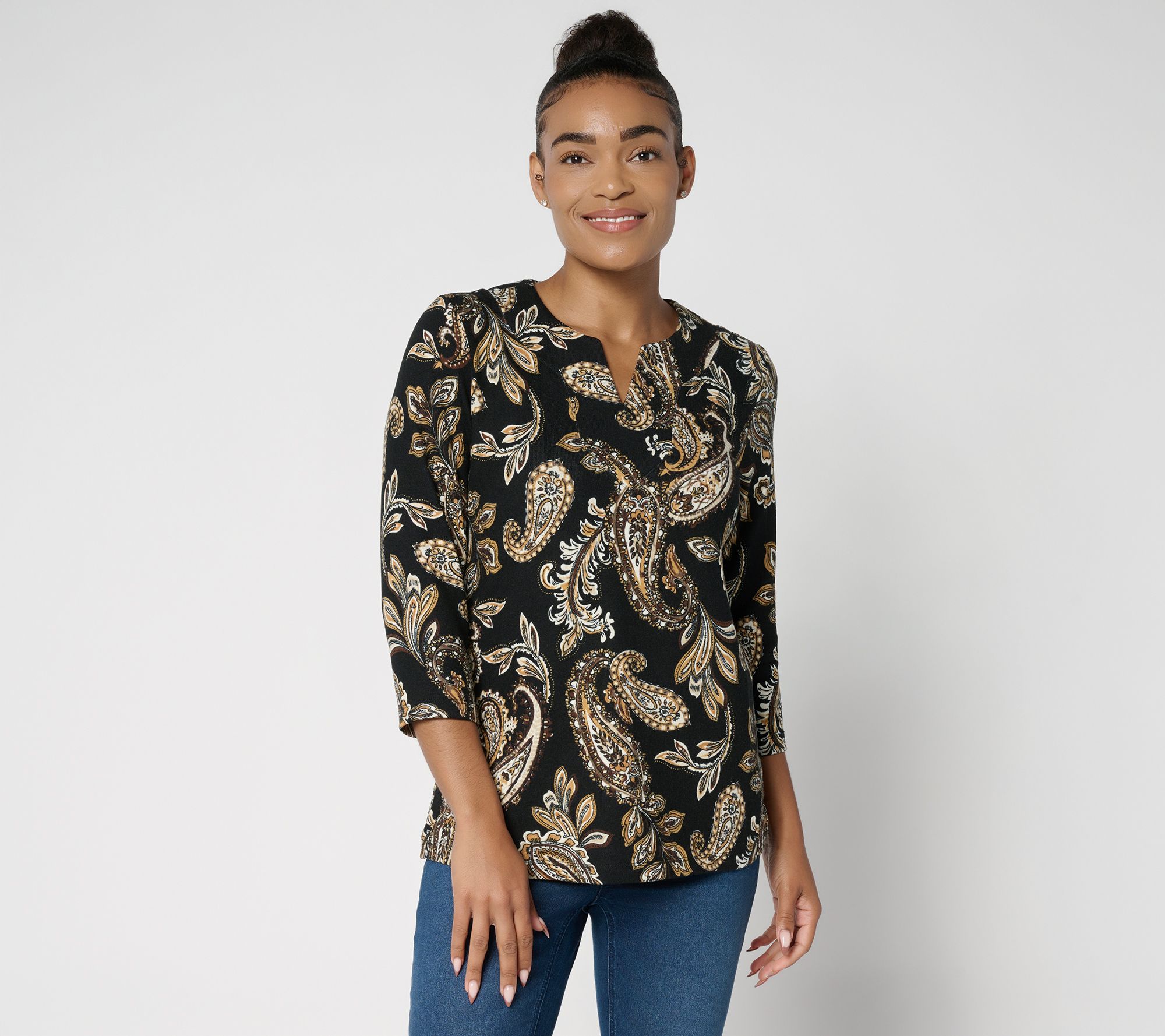 "As Is" Denim & Co. Printed Heavenly Jersey Split V-Neck 3/4 Sleeve Top